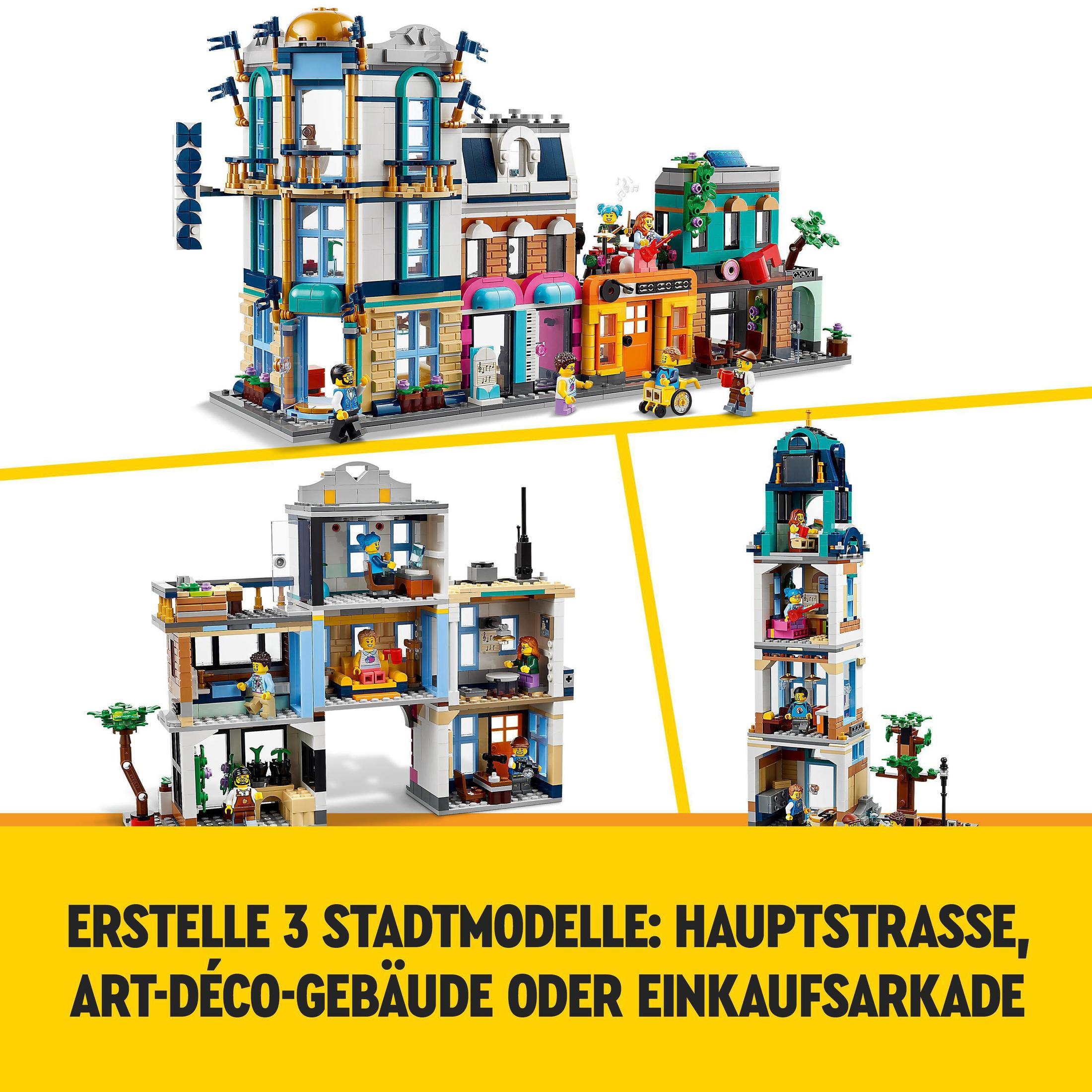 Lego set met drie gebouwmodellen: Main Street, Art Deco en winkelgalerij.