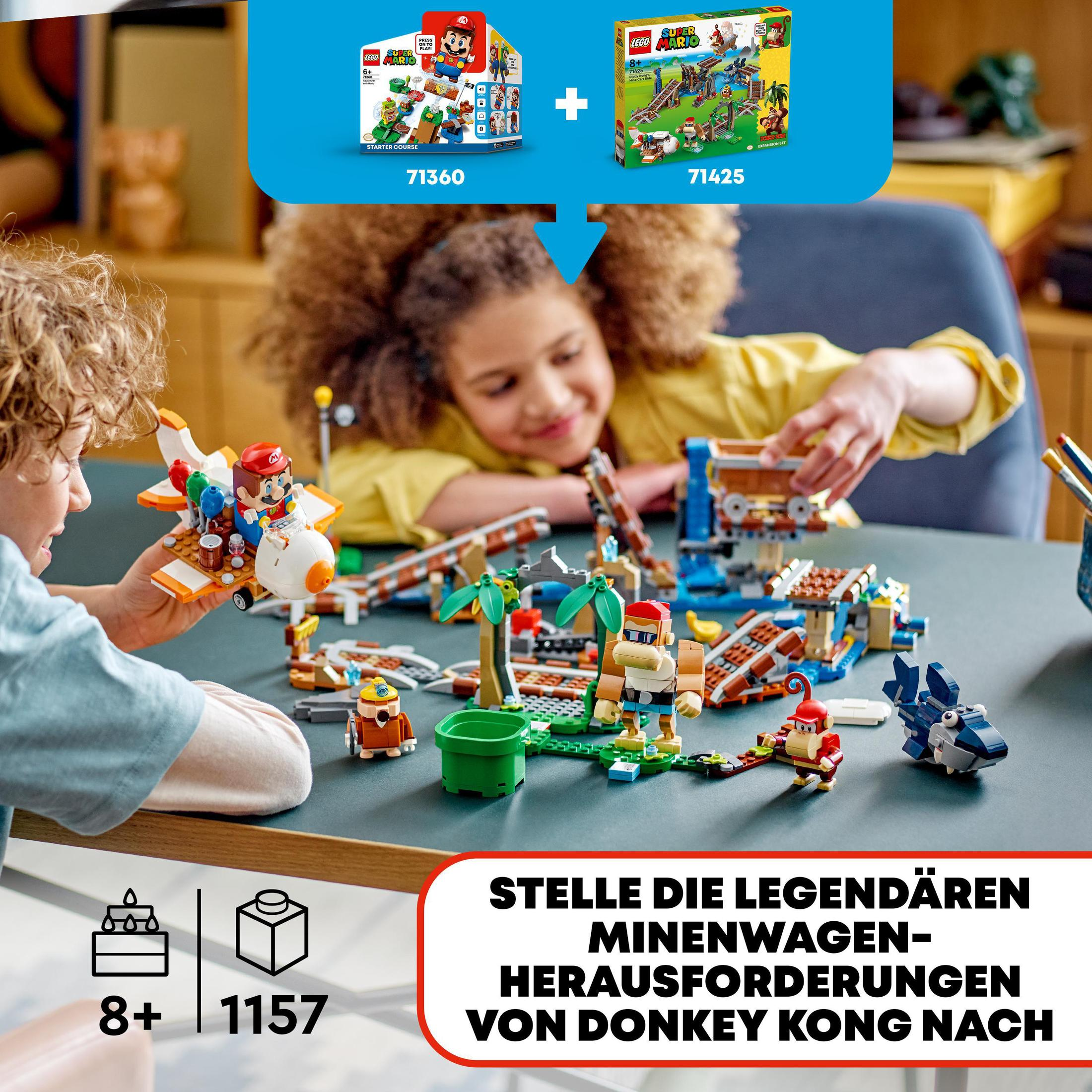 Twee kinderen spelen met Lego sets. De ene is Mario, de andere heeft Donkey Kong als thema.