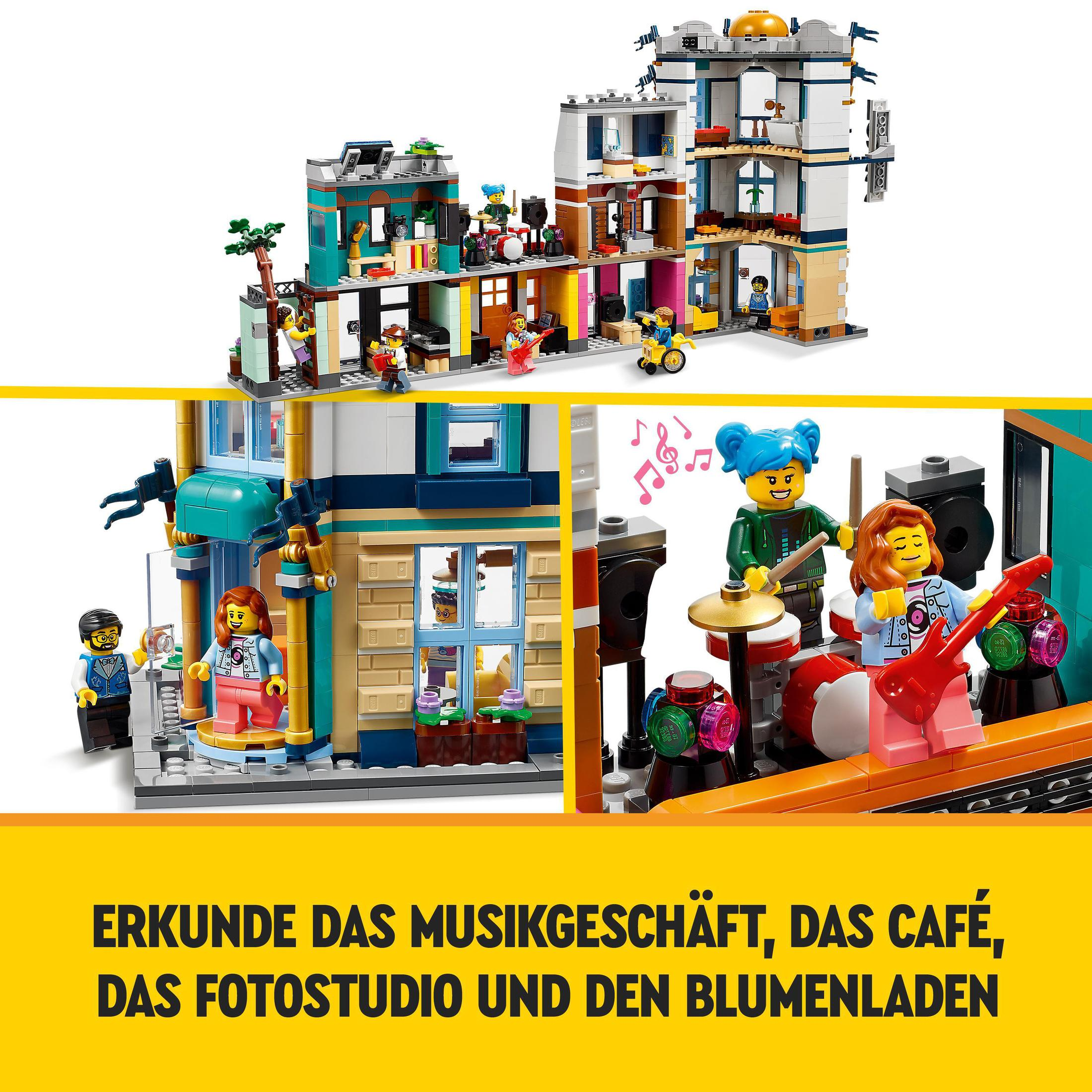 Een Lego-set met een muziekwinkel, café, fotostudio en bloemenwinkel met minifiguren.