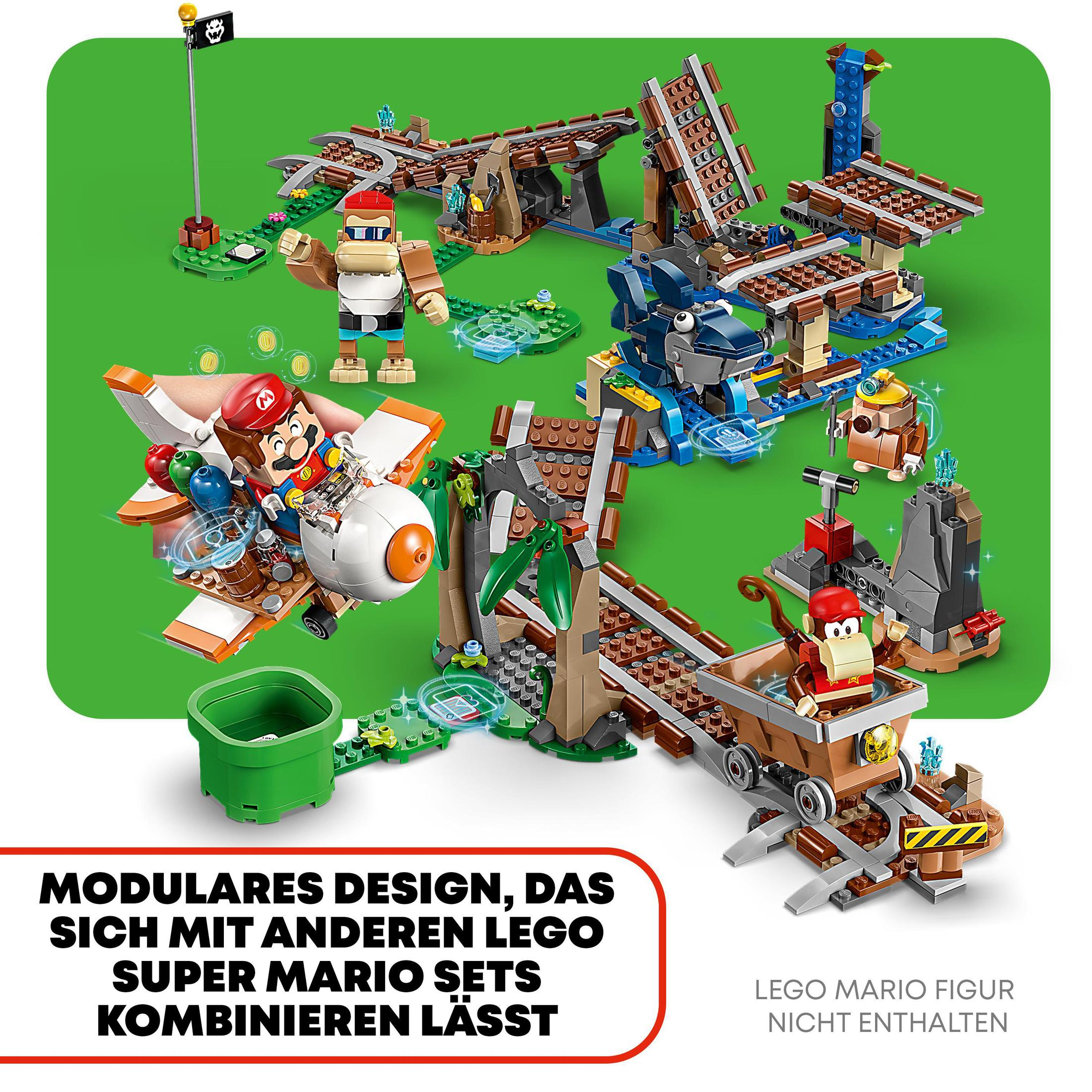 Lego Mario-speelset met meerdere figuren en structuren op groen.