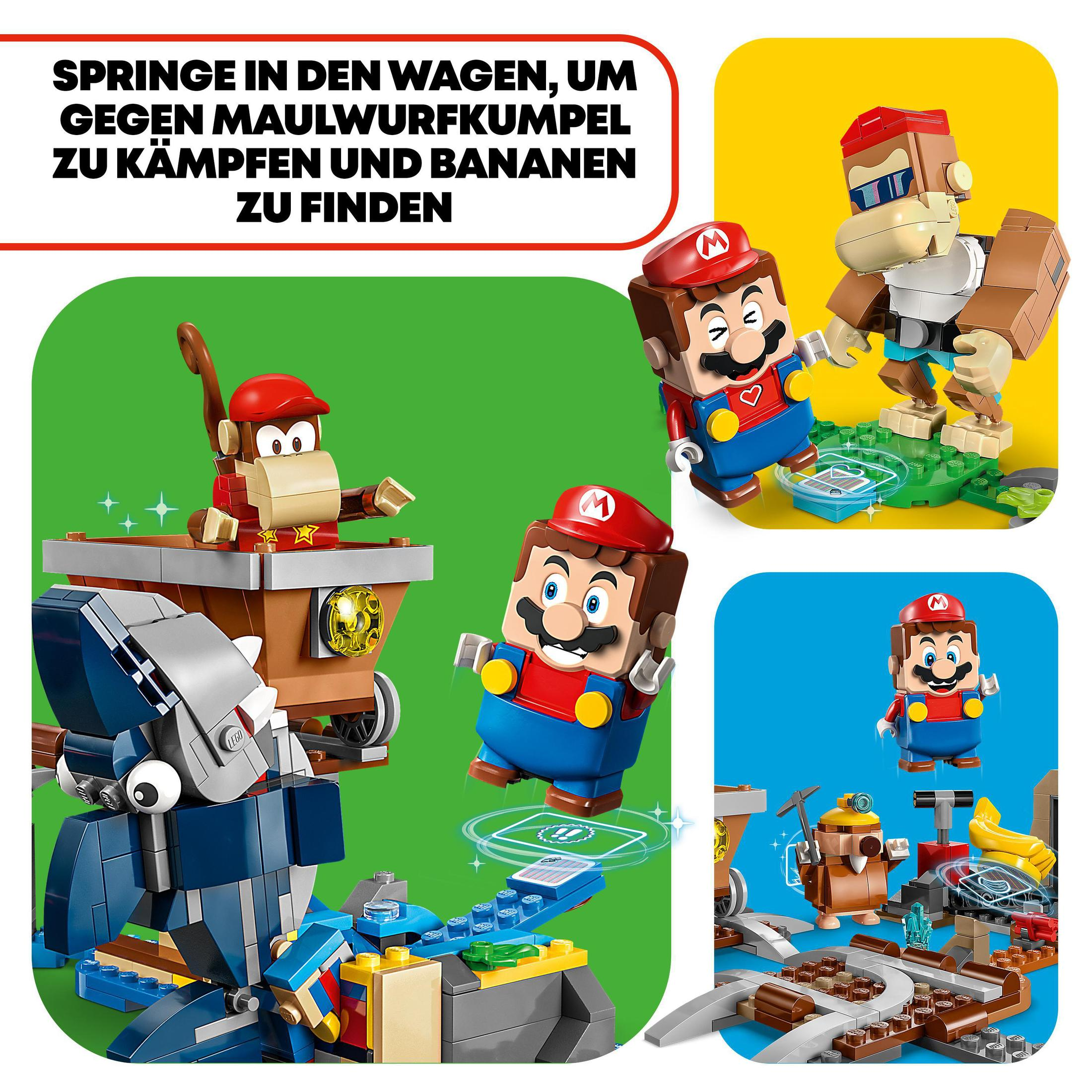 Lego set met Mario-figuren die vechten tegen een mol en andere Lego-structuren.