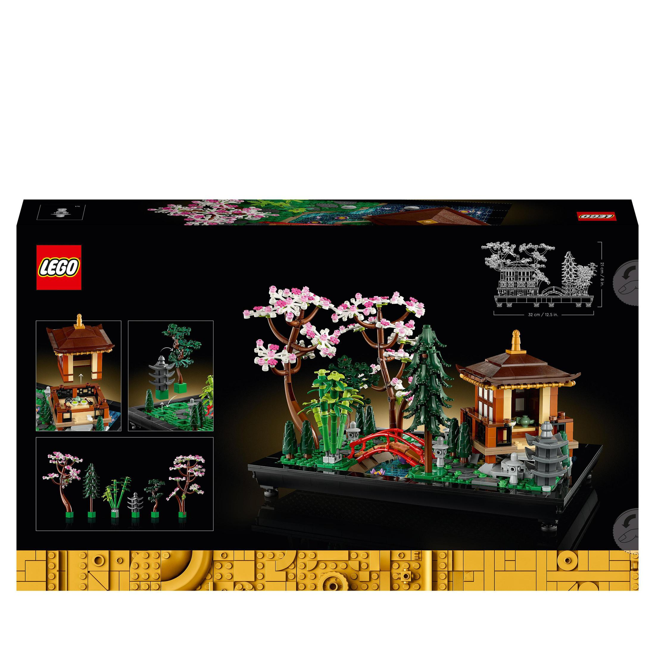 Scatola Lego che mostra una scena di giardino giapponese. La scena include una pagoda, alberi e un ponte.
