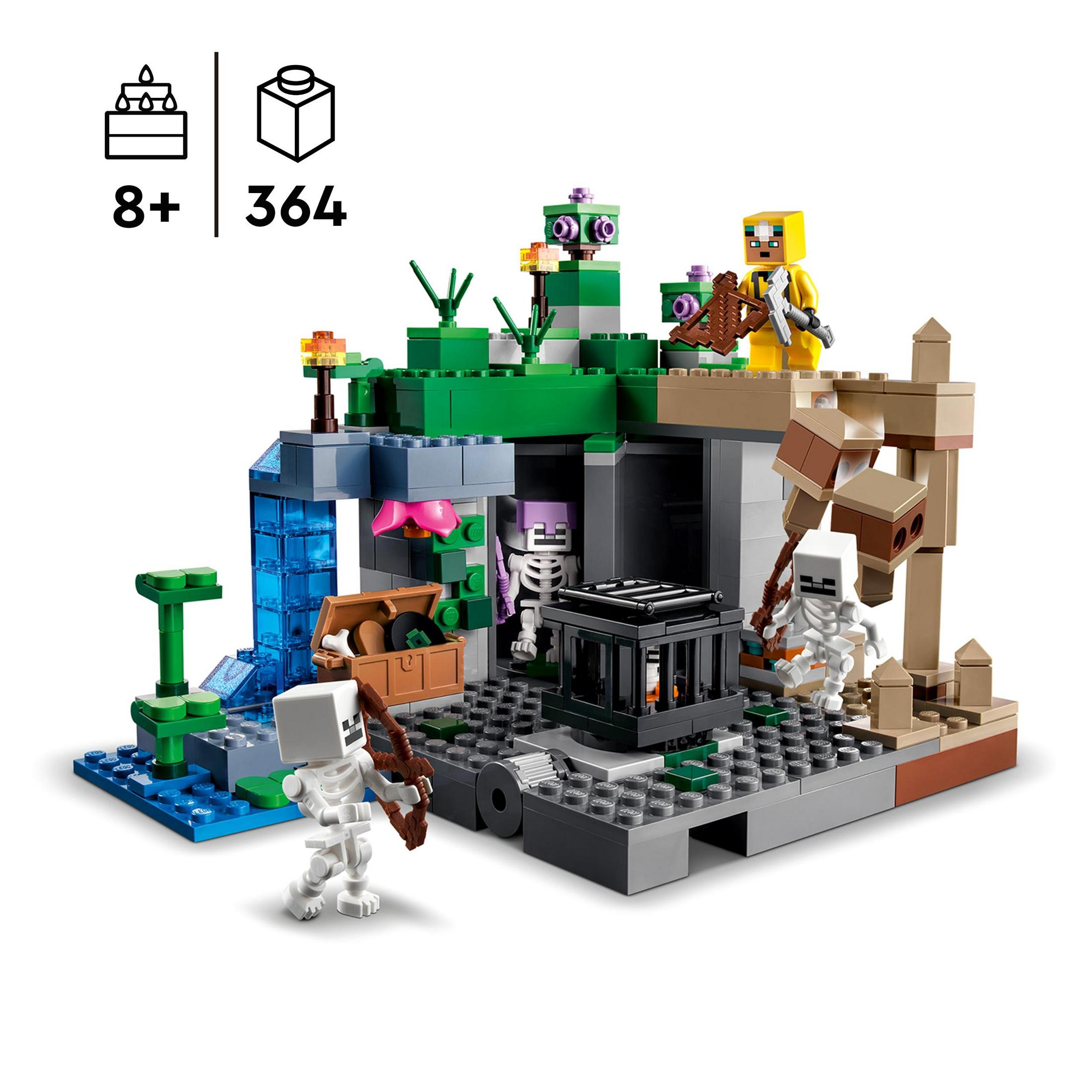 Lego-Set mit Minecraft-Thema. Es zeigt eine Szene mit Charakteren und Strukturen. Weißer Hintergrund.