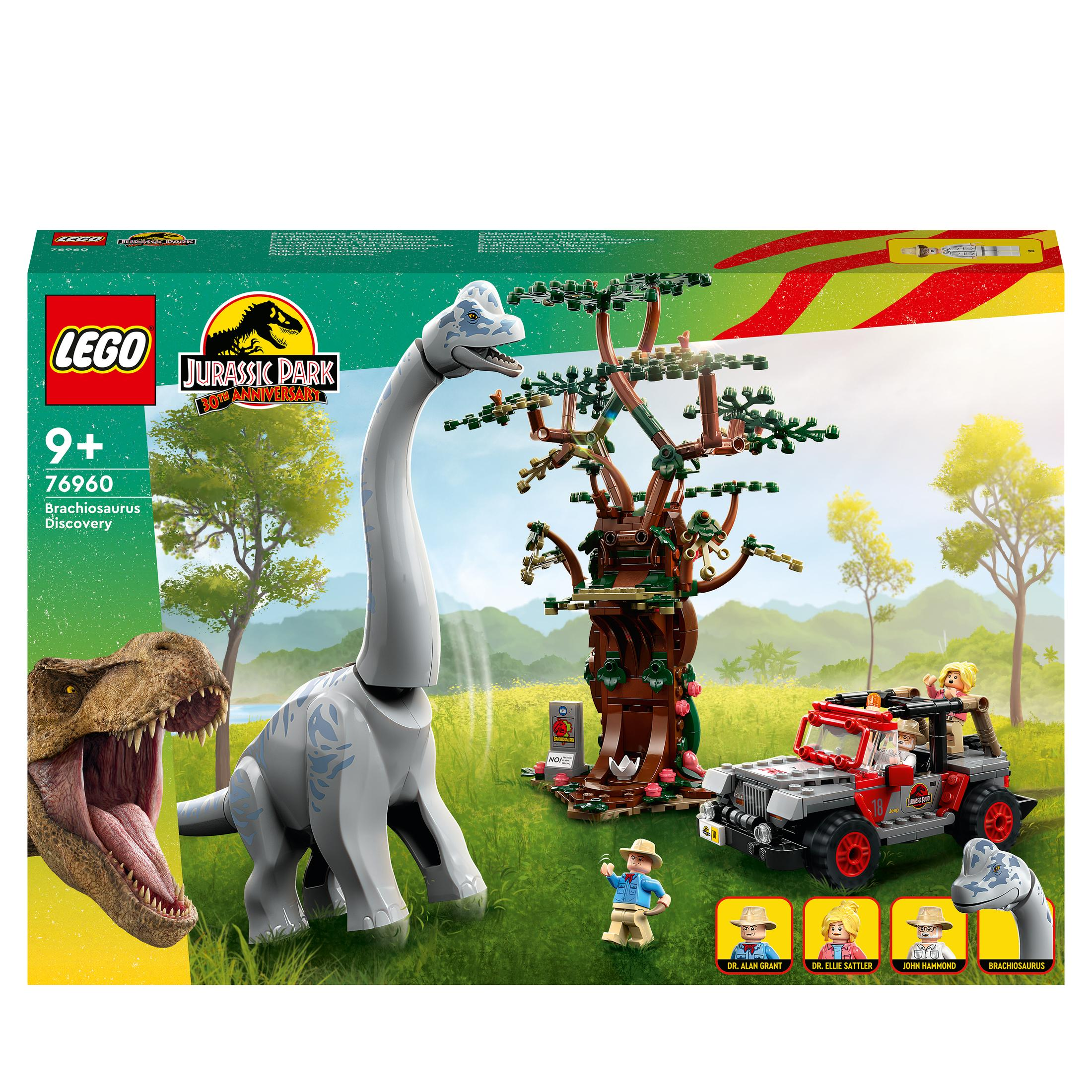 Zestaw Lego Jurassic Park. Zawiera Brachiozaura, jeepa, figurki i drzewo ze znakiem.