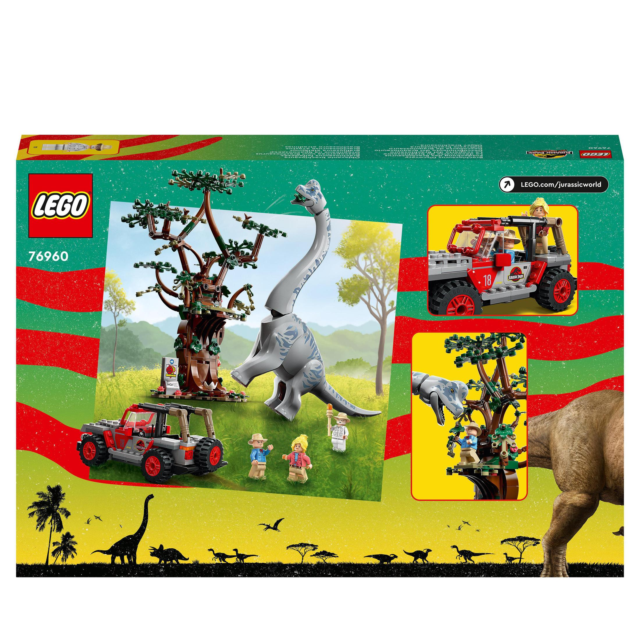 Pudełko Lego Jurassic World z obrazami dinozaurów, samochodów i ludzi.