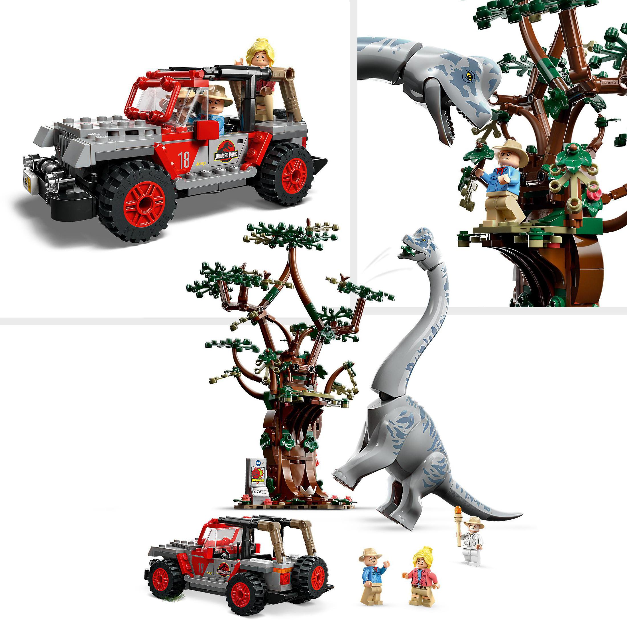 Zestaw Lego z sceną z Parku Jurajskiego z jeepem, dinozaurami i figurkami.