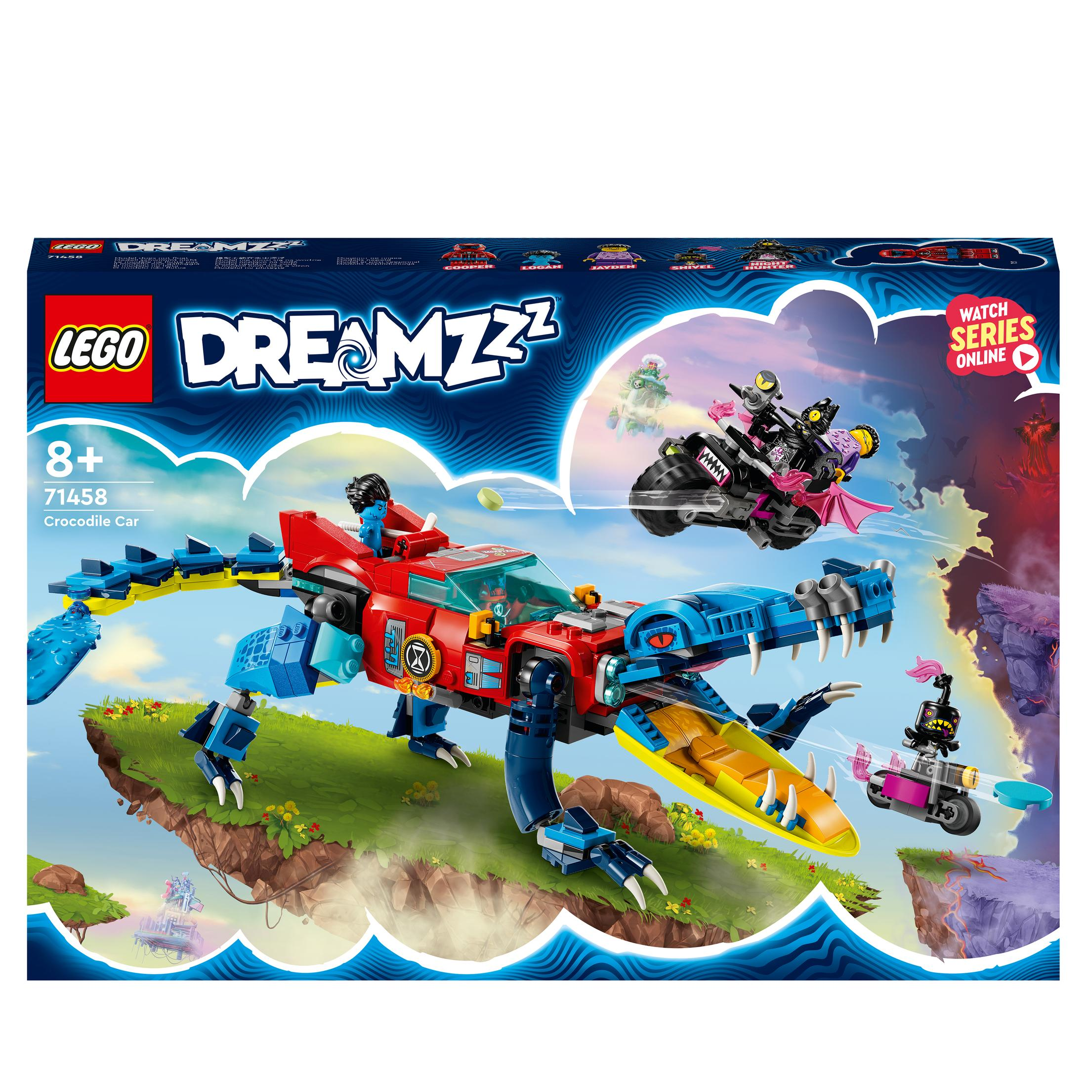 Set di scatole Lego Dreamzzz con un modello di auto coccodrillo e due moto.