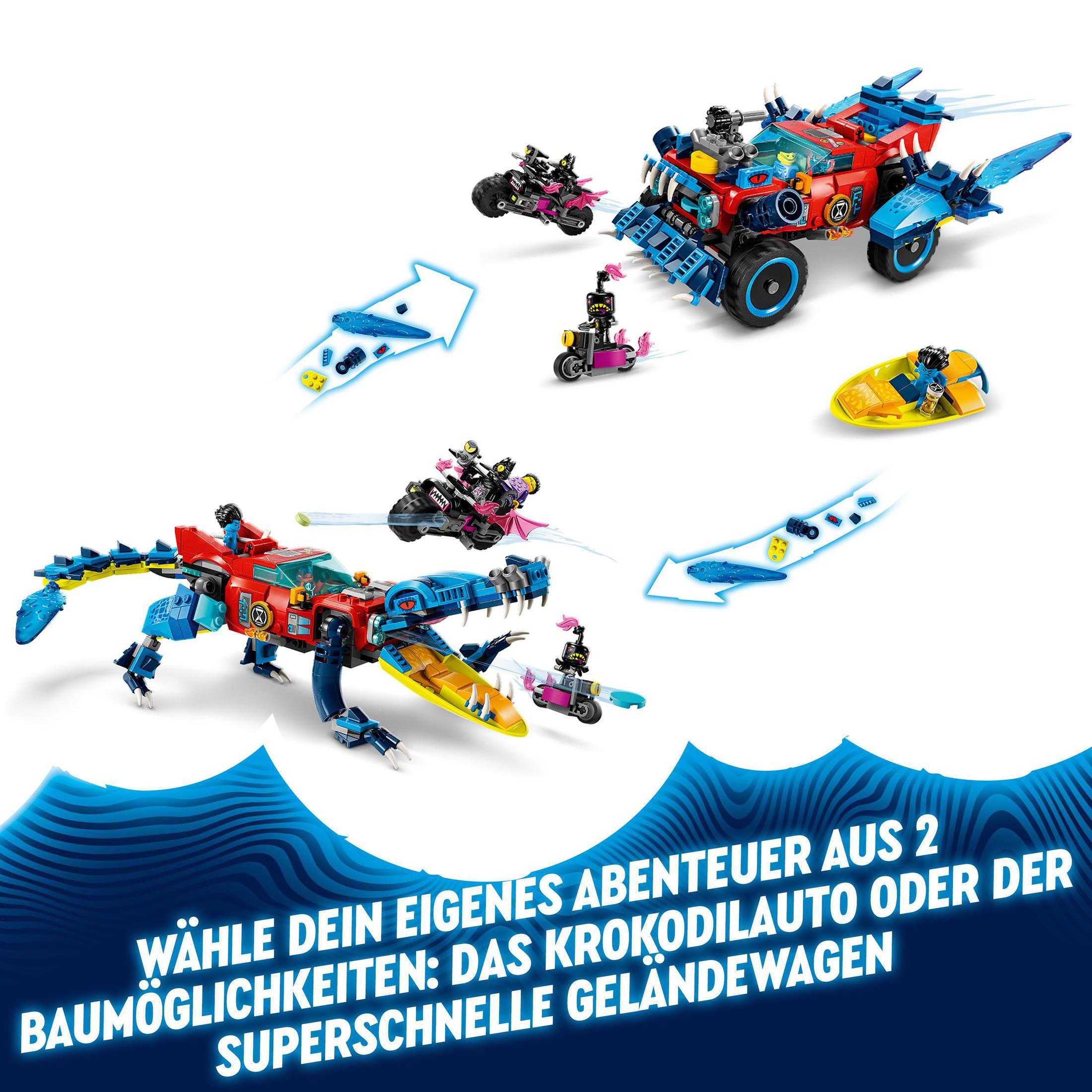 Modelli Lego: un'auto rossa e blu, un'auto coccodrillo e piccoli veicoli.