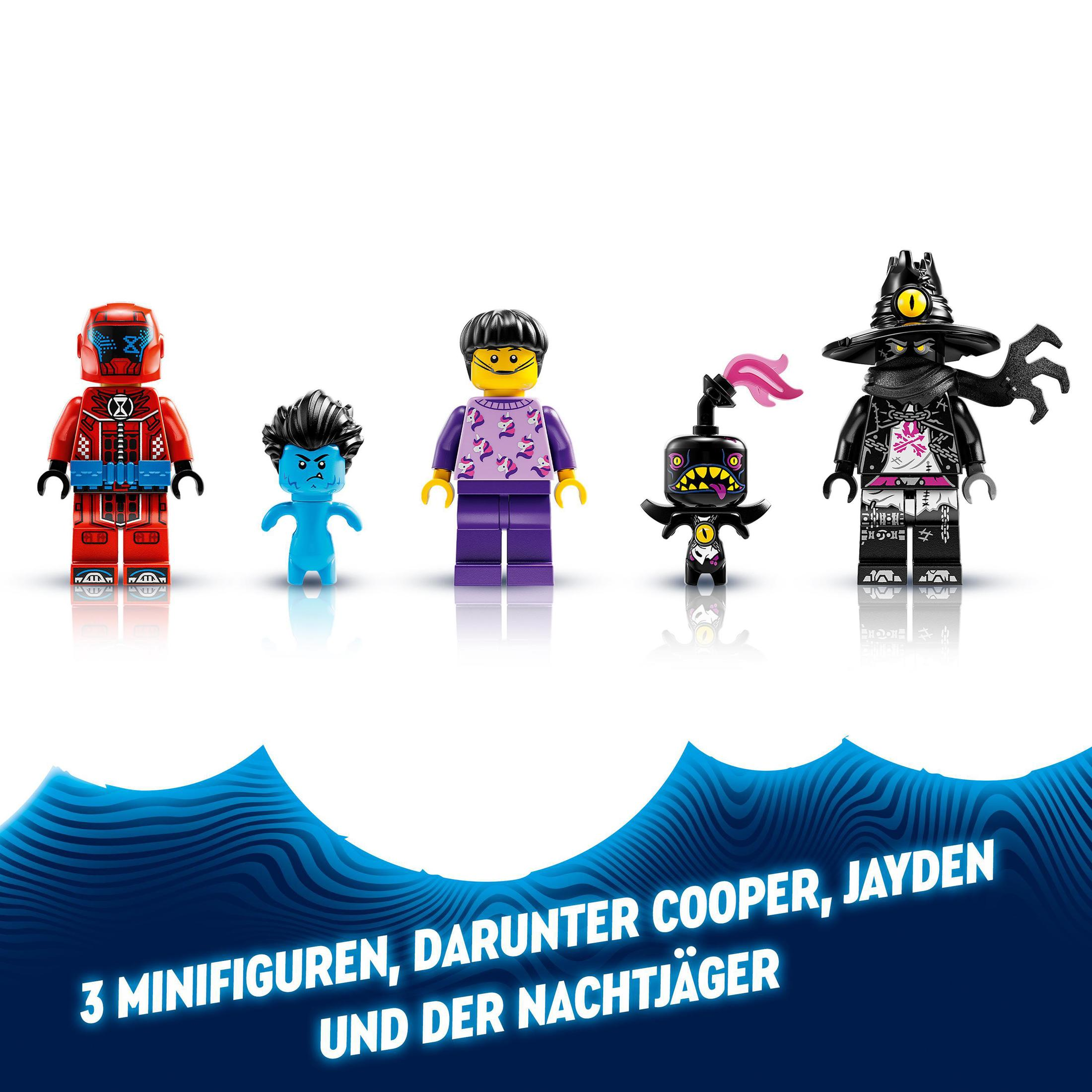 Cinque minifigure Lego: un robot rosso, un fantasma blu, una ragazza, un mostro nero e una strega.