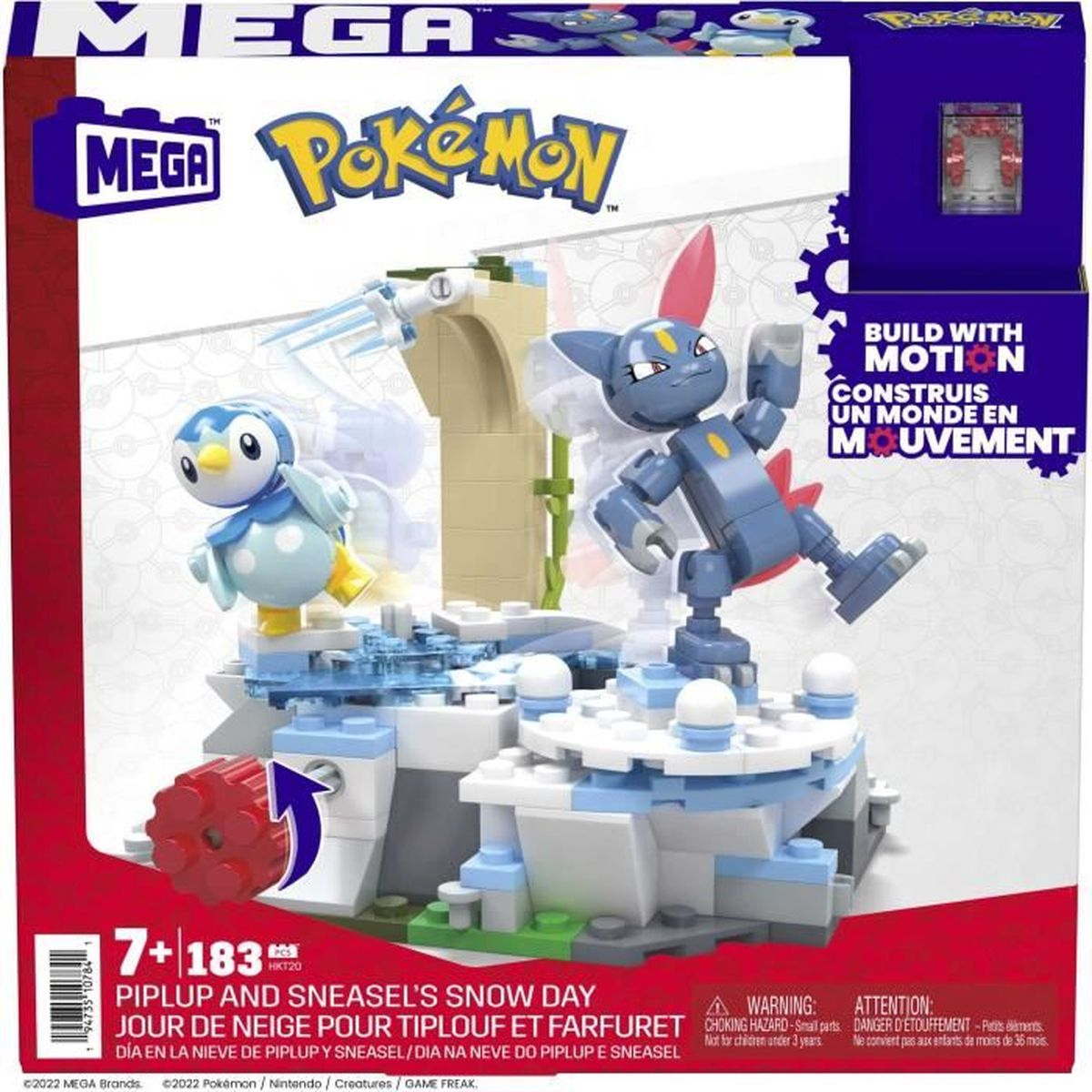 Set Lego: Piplup e Sneasel in scena innevata. Scatola mostra figure, testo multilingue.
