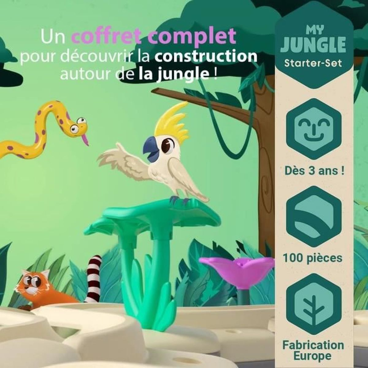 Un ensemble de jouets pour enfants sur le thème de la jungle. Il y a un perroquet, un serpent, un renard et d'autres blocs.
