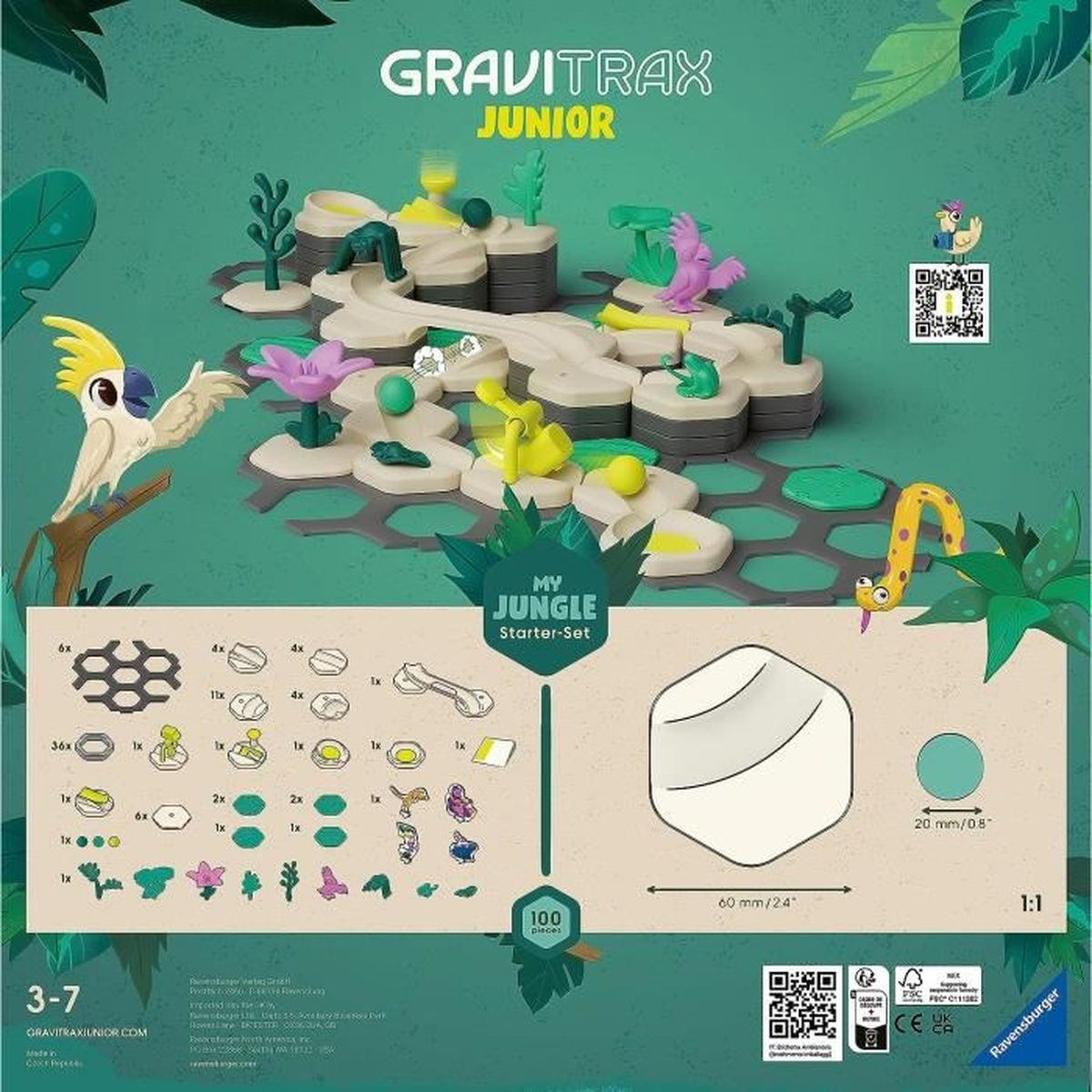 Un ensemble Gravitrax Junior Jungle. Il présente une piste de billes avec des blocs et un perroquet.
