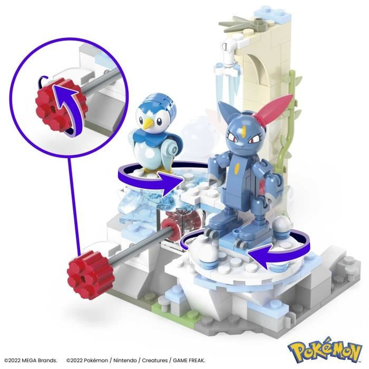 Set Lego Pokémon con due personaggi e un meccanismo rotante.