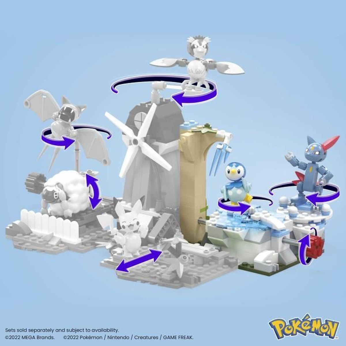 Set di costruzione Pokemon con figure rotanti, un mulino a vento e terreno innevato.