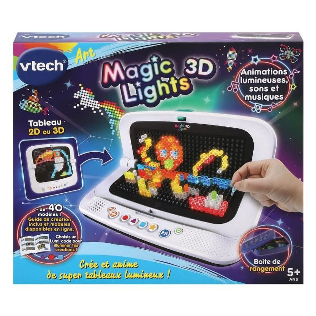 Ein Kinderspielzeug mit einer leuchtenden Tafel und bunten Stiften. Der Text auf der Box lautet 'Magic 3D Lights'.