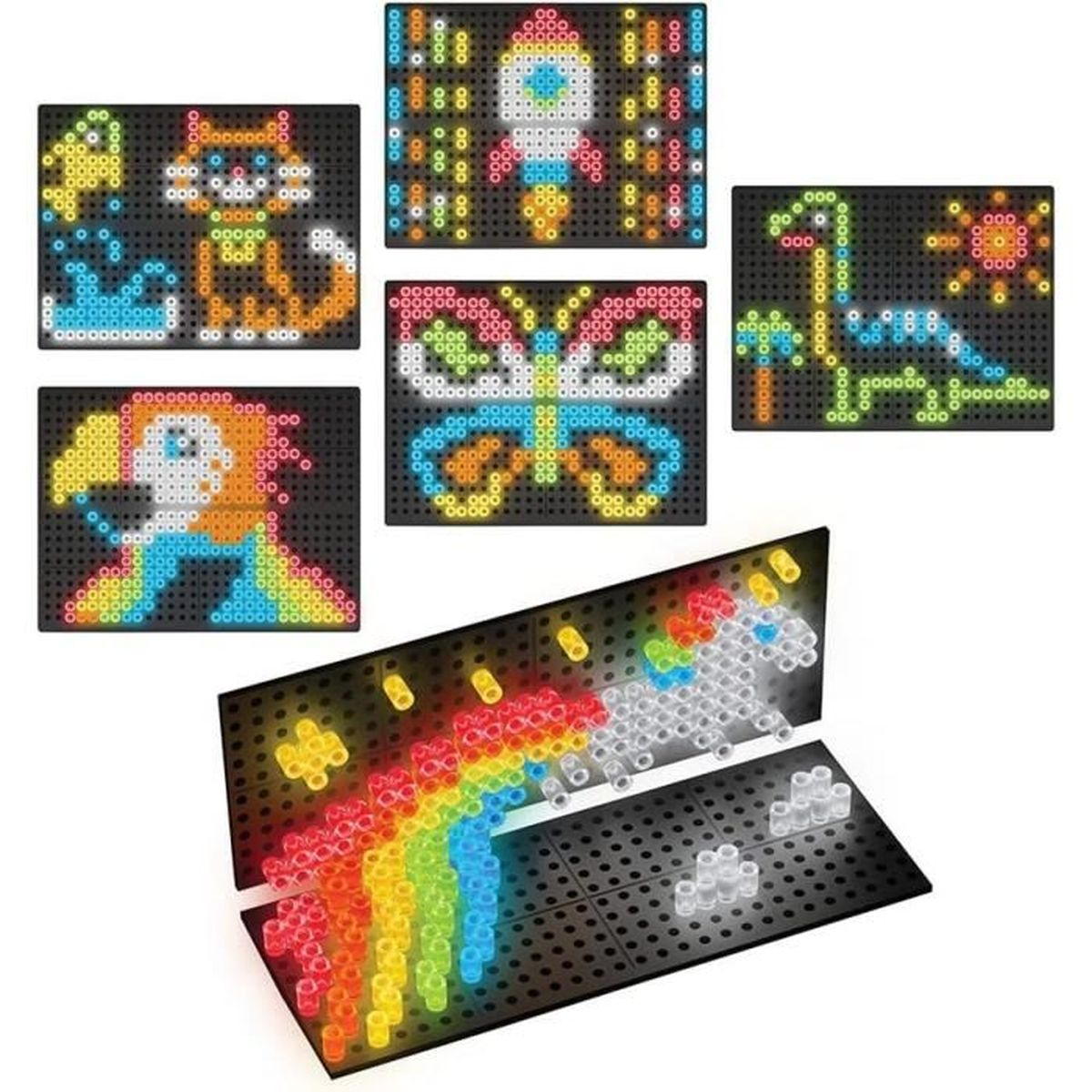 Leuchtendes Spielzeugbrett mit bunten pixeligen Bildern: Katze, Rakete, Schmetterling, Dinosaurier, Einhorn.