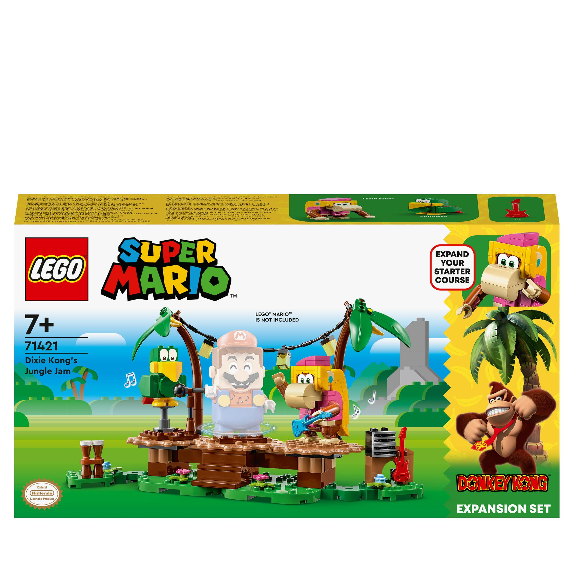 LEGO Super Mario setdoos. De afbeelding toont Mario-personages en de Donkey Kong jungle.