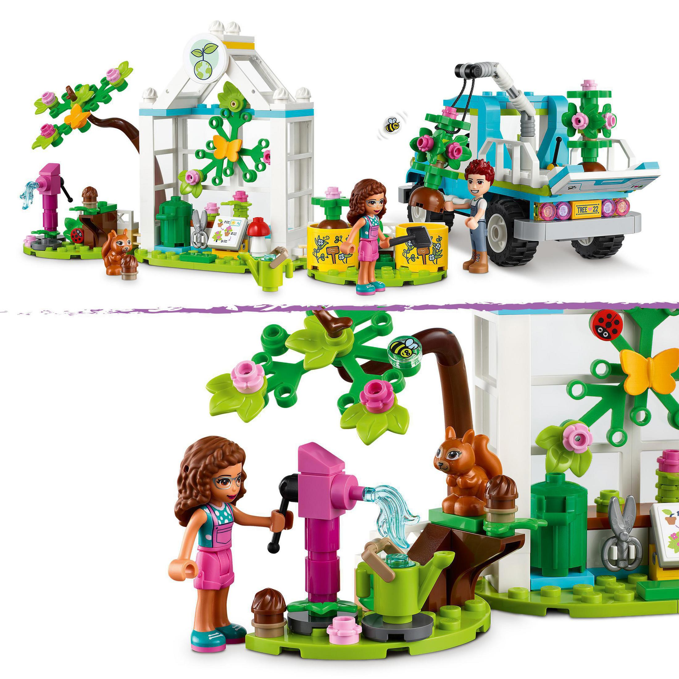 Zwei Lego-Szenen mit Personen, Pflanzen und Fahrzeugen. Eine Szene hat einen Truck, die andere ein Gewächshaus.