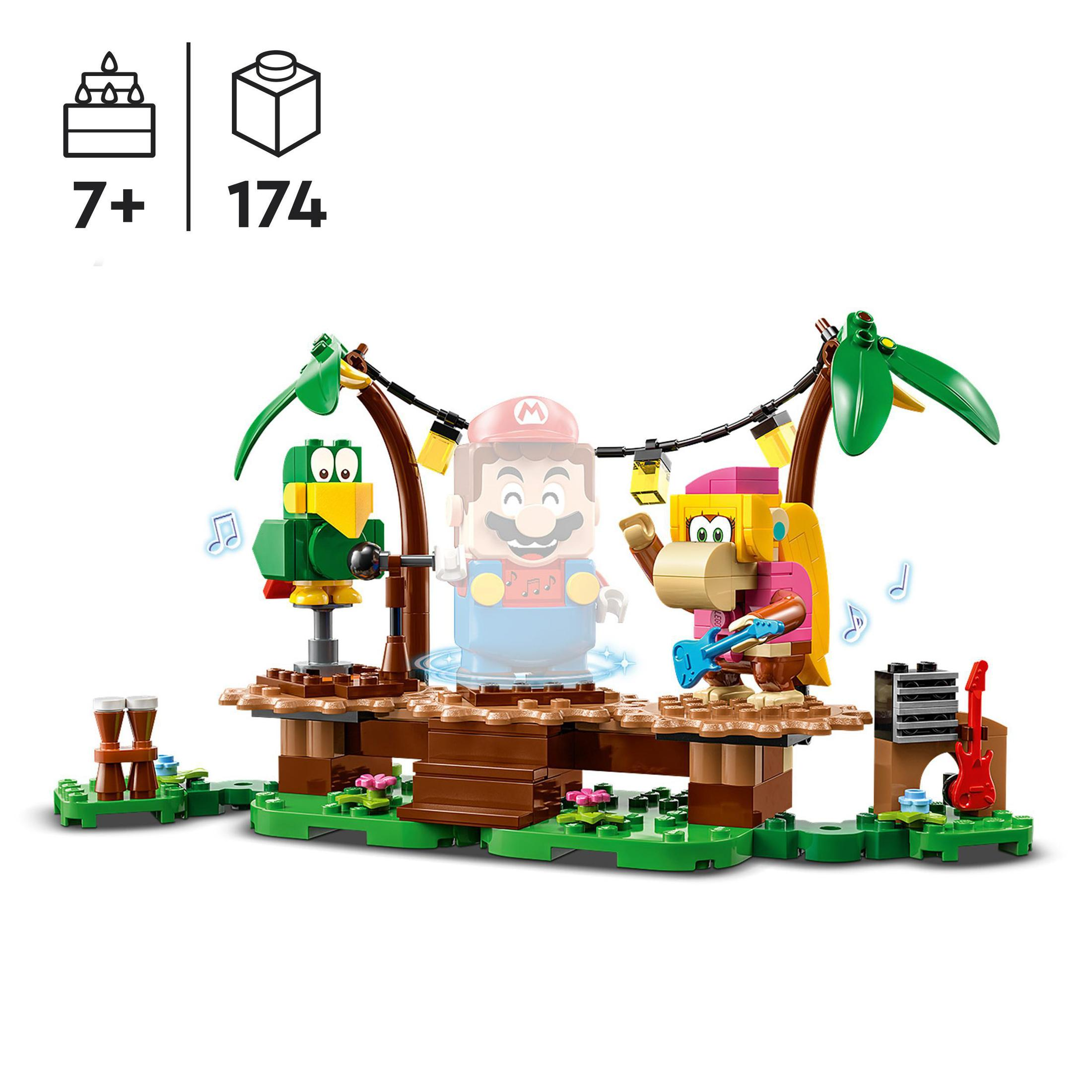 LEGO set met Mario, Donkey Kong, een papegaai en muziekinstrumenten op een platform.