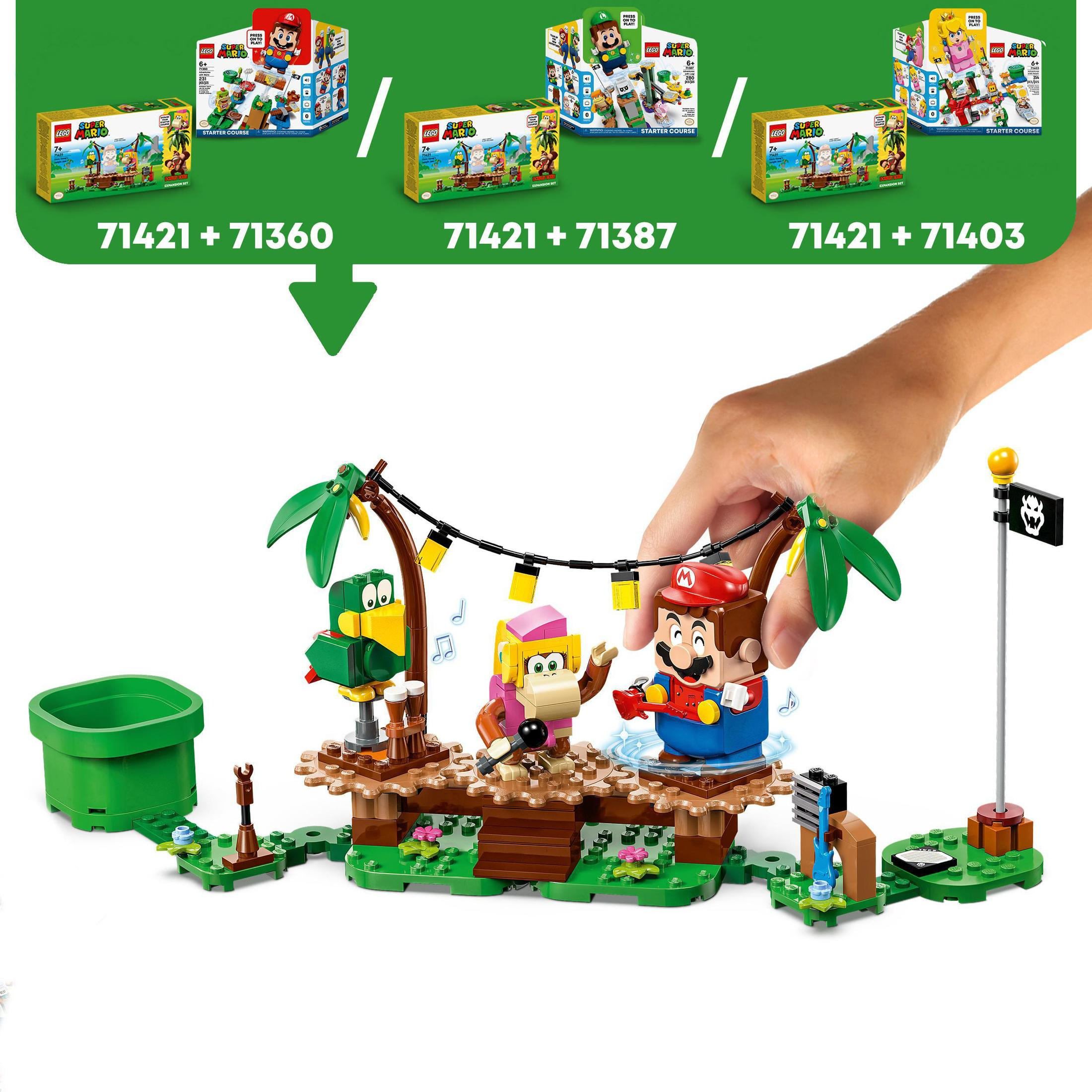 LEGO Super Mario set met figuren van Mario, een papegaai en een aap op een podium.