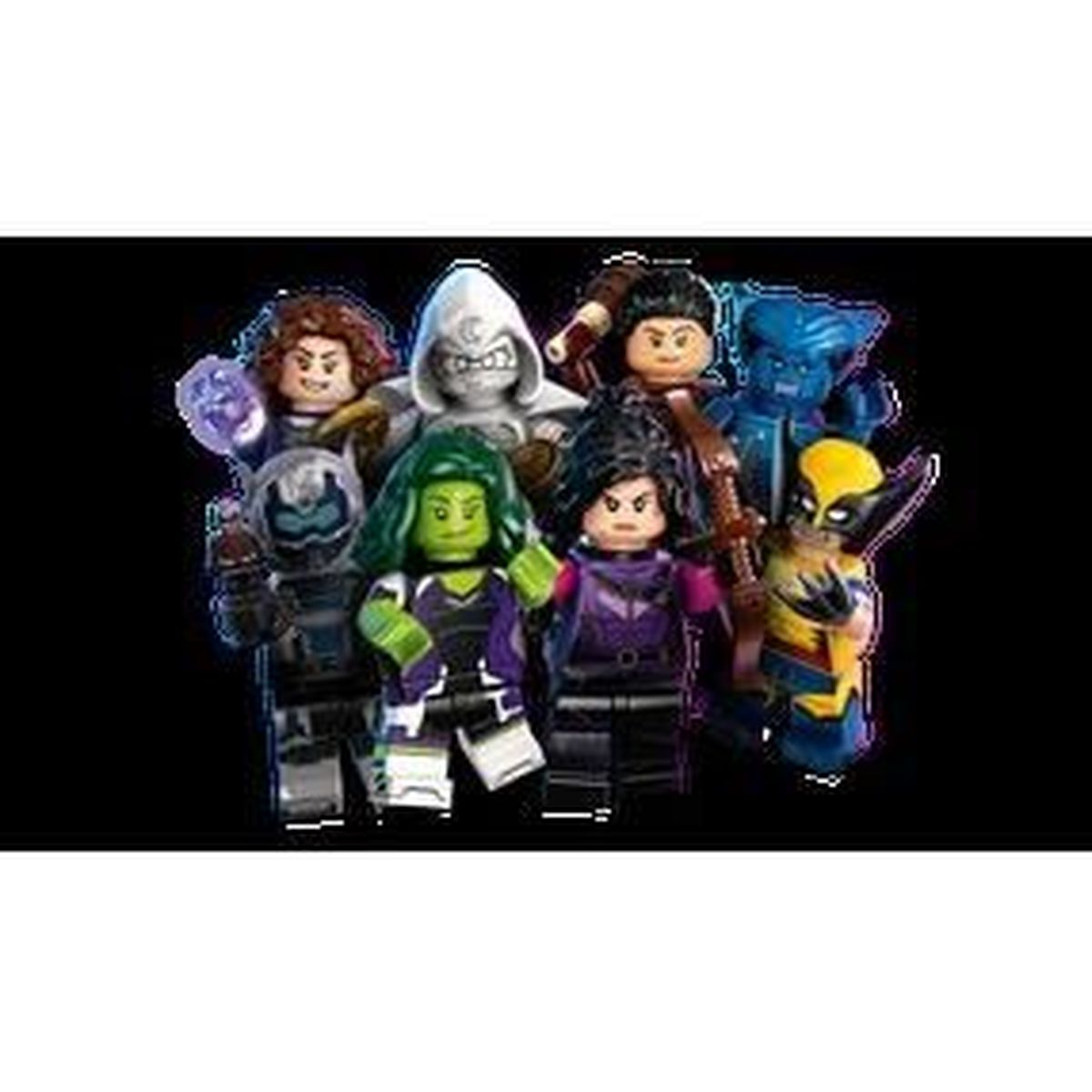 Minifigure Lego Marvel. Gruppo di otto, tra cui Wolverine, Moon Knight e She-Hulk. Sfondo nero.