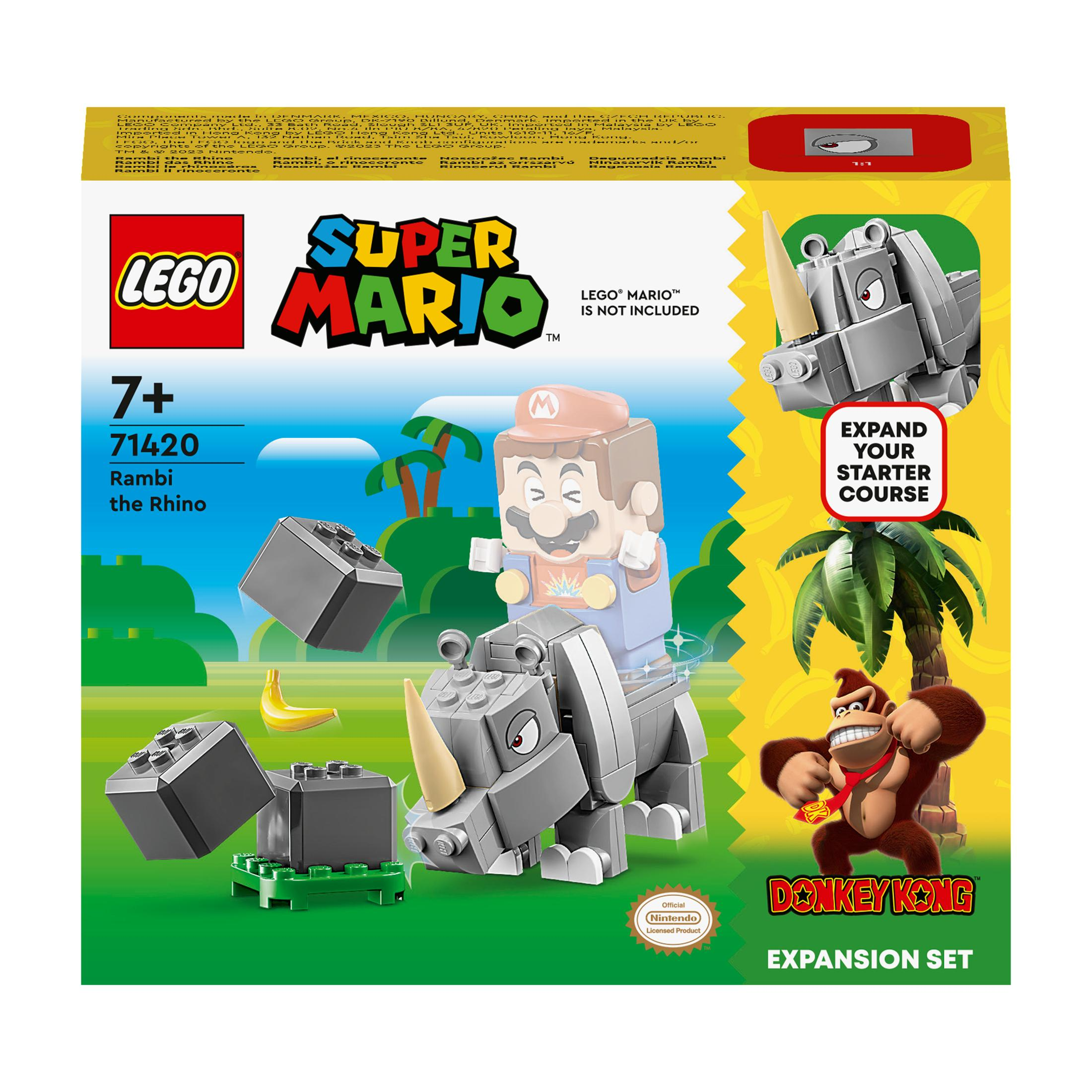 Un set Lego Super Mario mostra Mario che cavalca un rinoceronte, con Donkey Kong e un'ambientazione nella giungla.