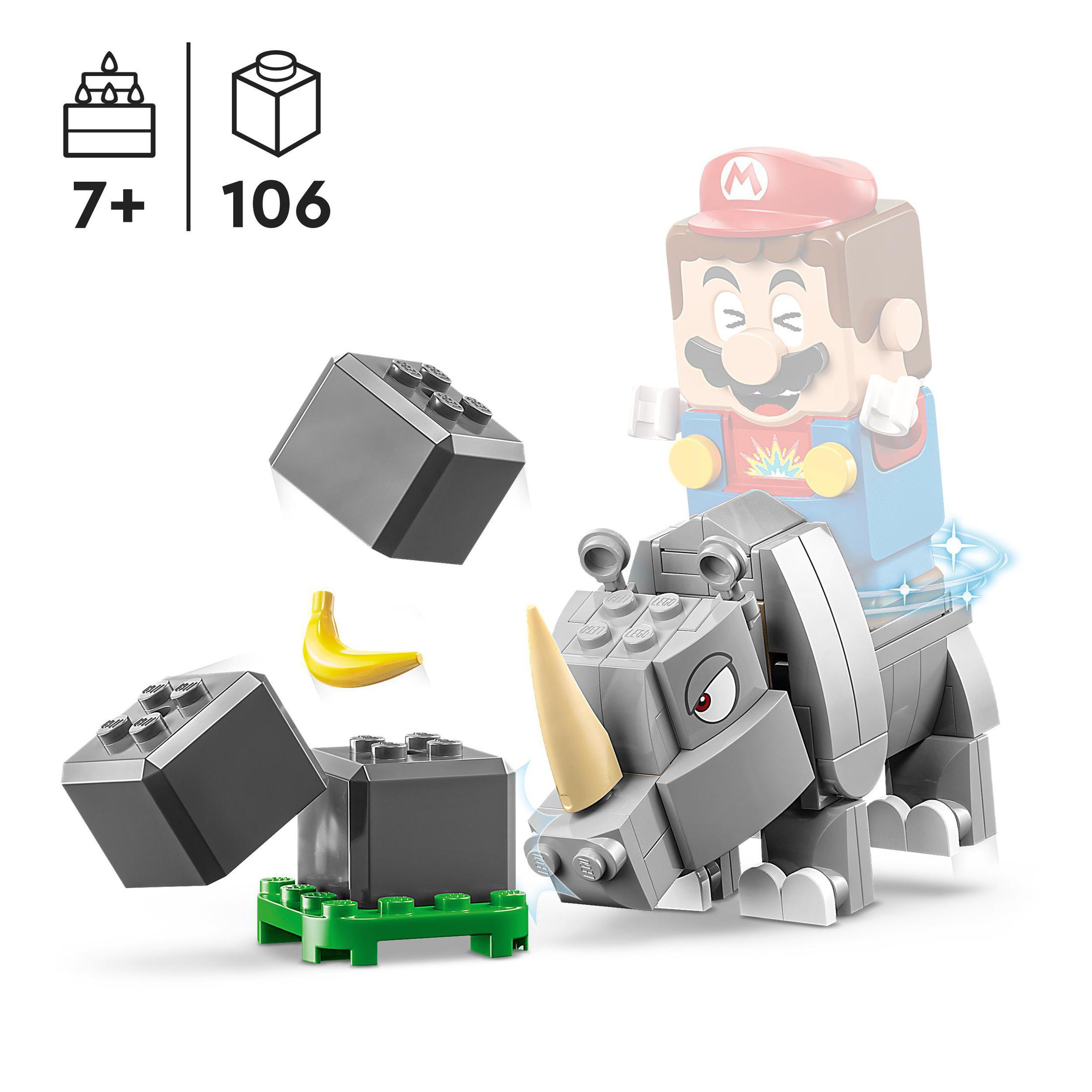 Set Lego con personaggio di Mario, rinoceronte, blocchi e banana, sfondo bianco.