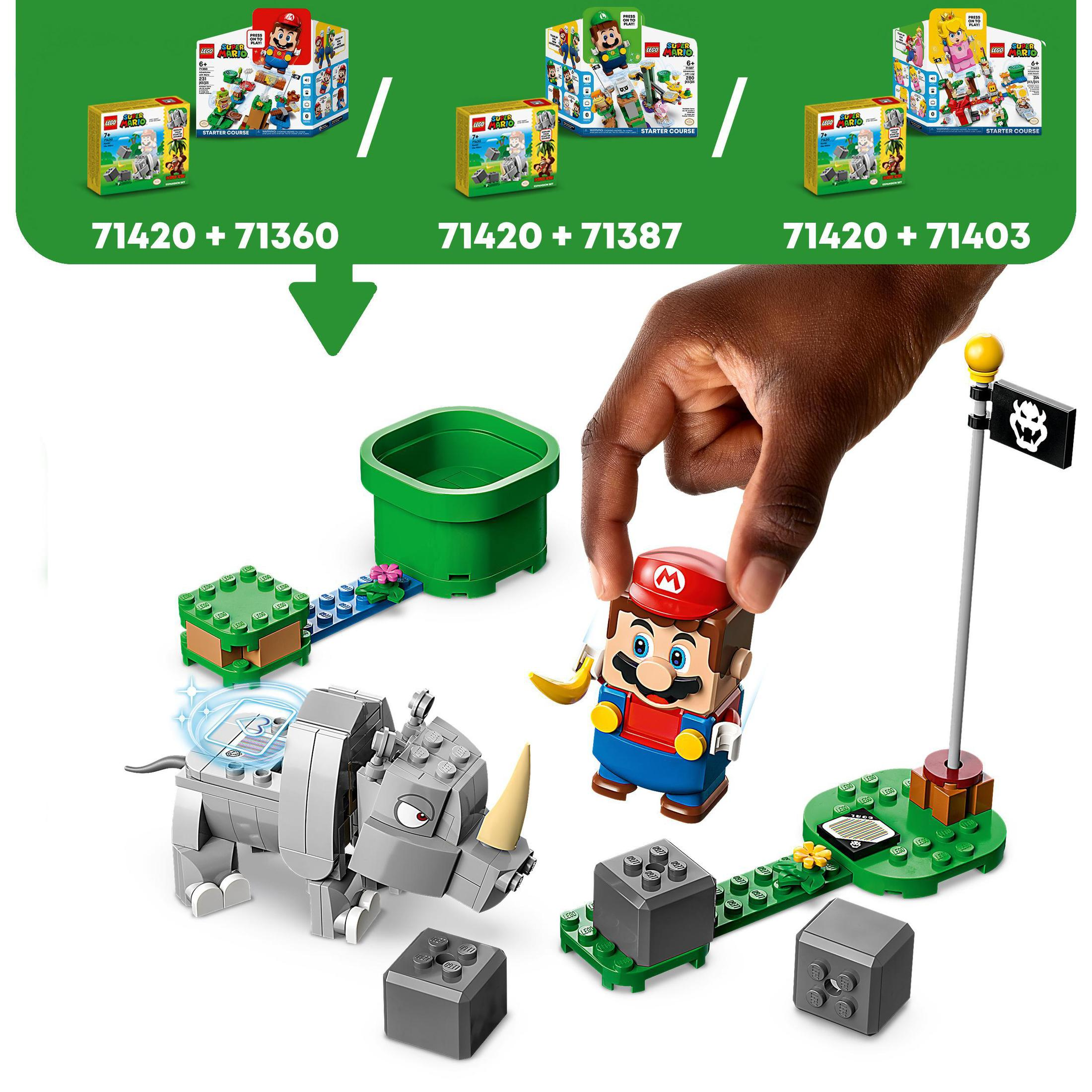 Un set Lego raffigurante un personaggio di Mario, un rinoceronte e un tubo verde.