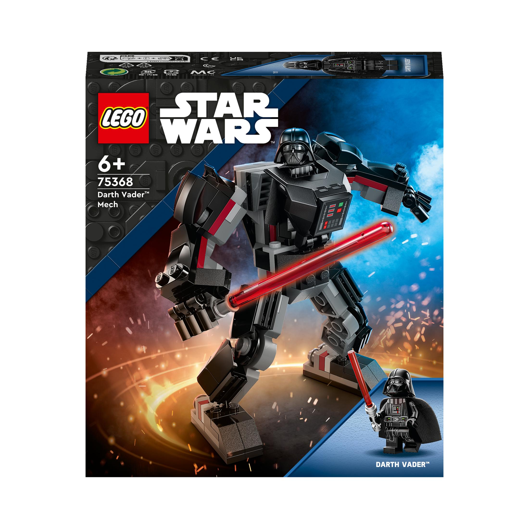 Box-Art von Darth Vader LEGO Mech. Darth Vader Mech-Figur und Darth Vader-Minifigur sind abgebildet.