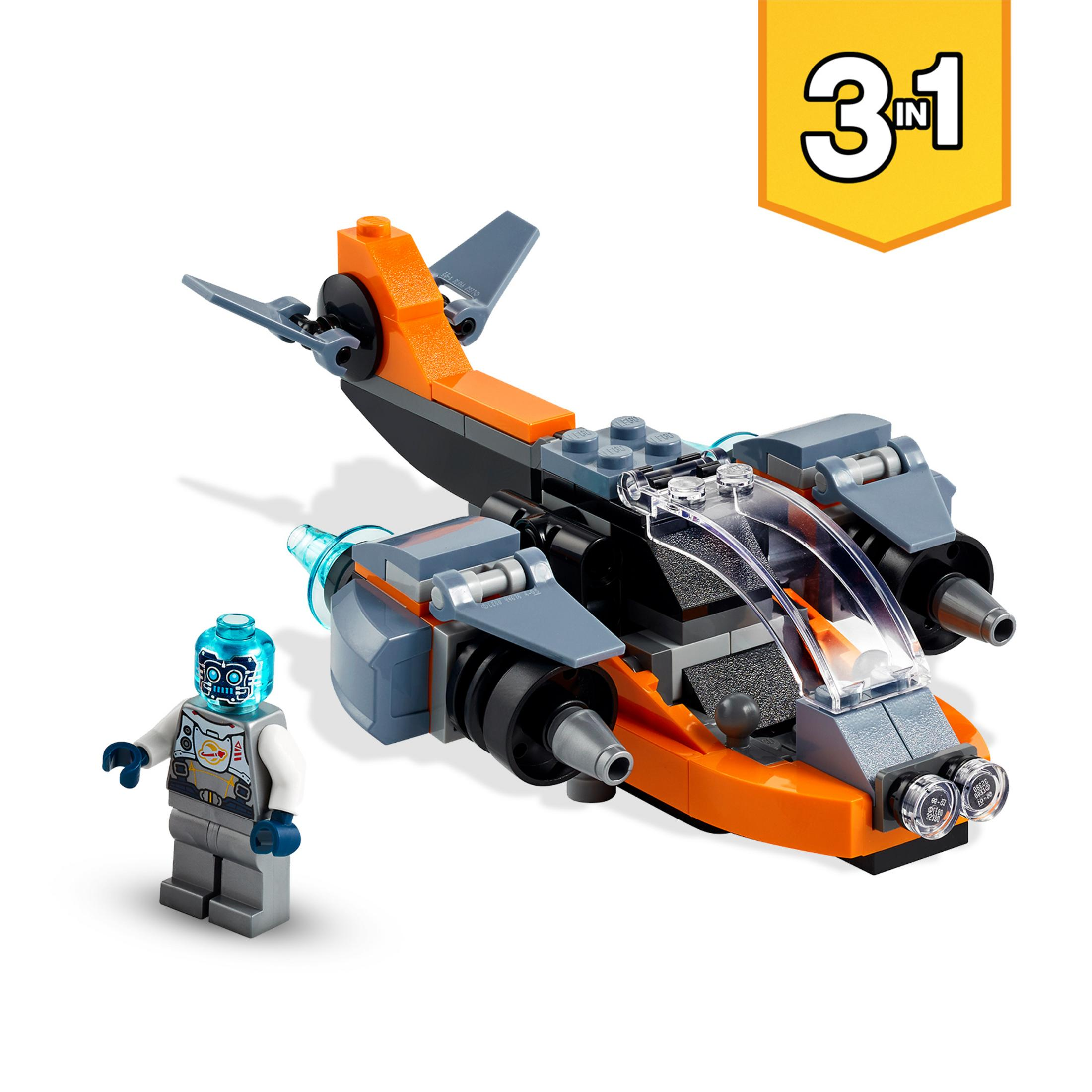 Ein LEGO Raumschiffmodell mit einer Minifigur. Das Modell ist orange und grau, mit Cockpit.