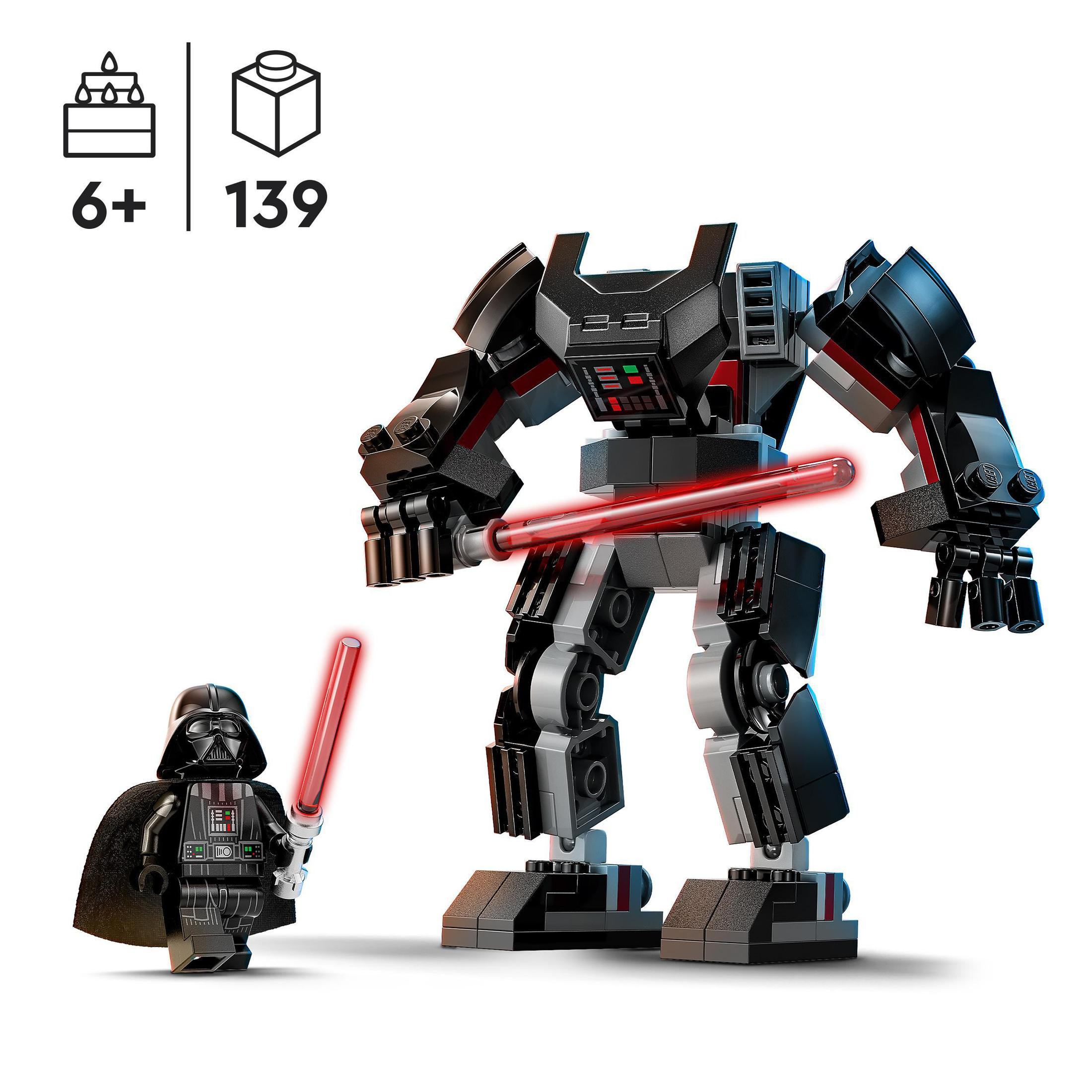 Lego-Set mit Darth Vader und einem Mech. Das Set enthält zwei Figuren und einen großen schwarzen Mech.