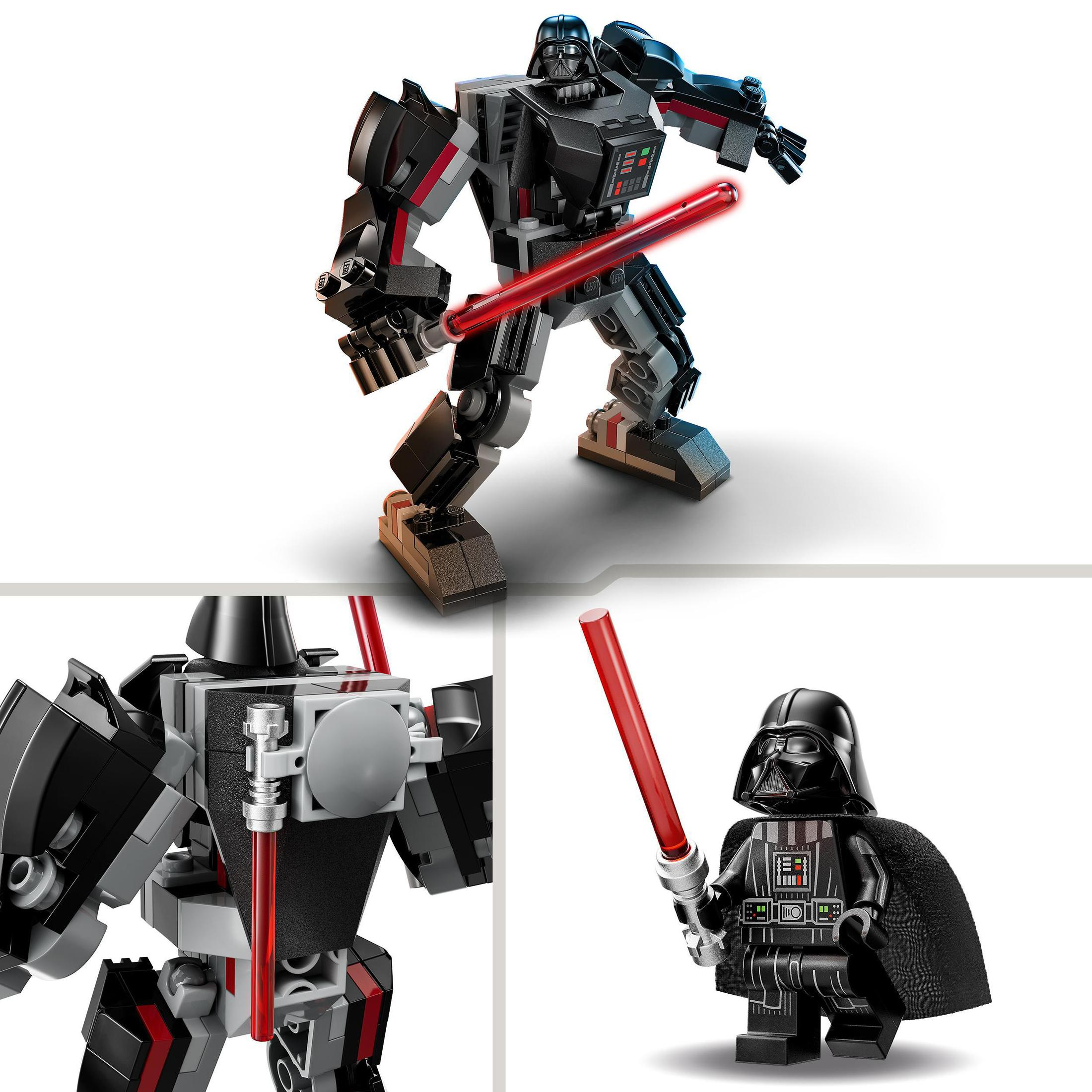 Lego Darth Vader Roboterfigur mit rotem Lichtschwert. Mehrere Bilder aus verschiedenen Winkeln.