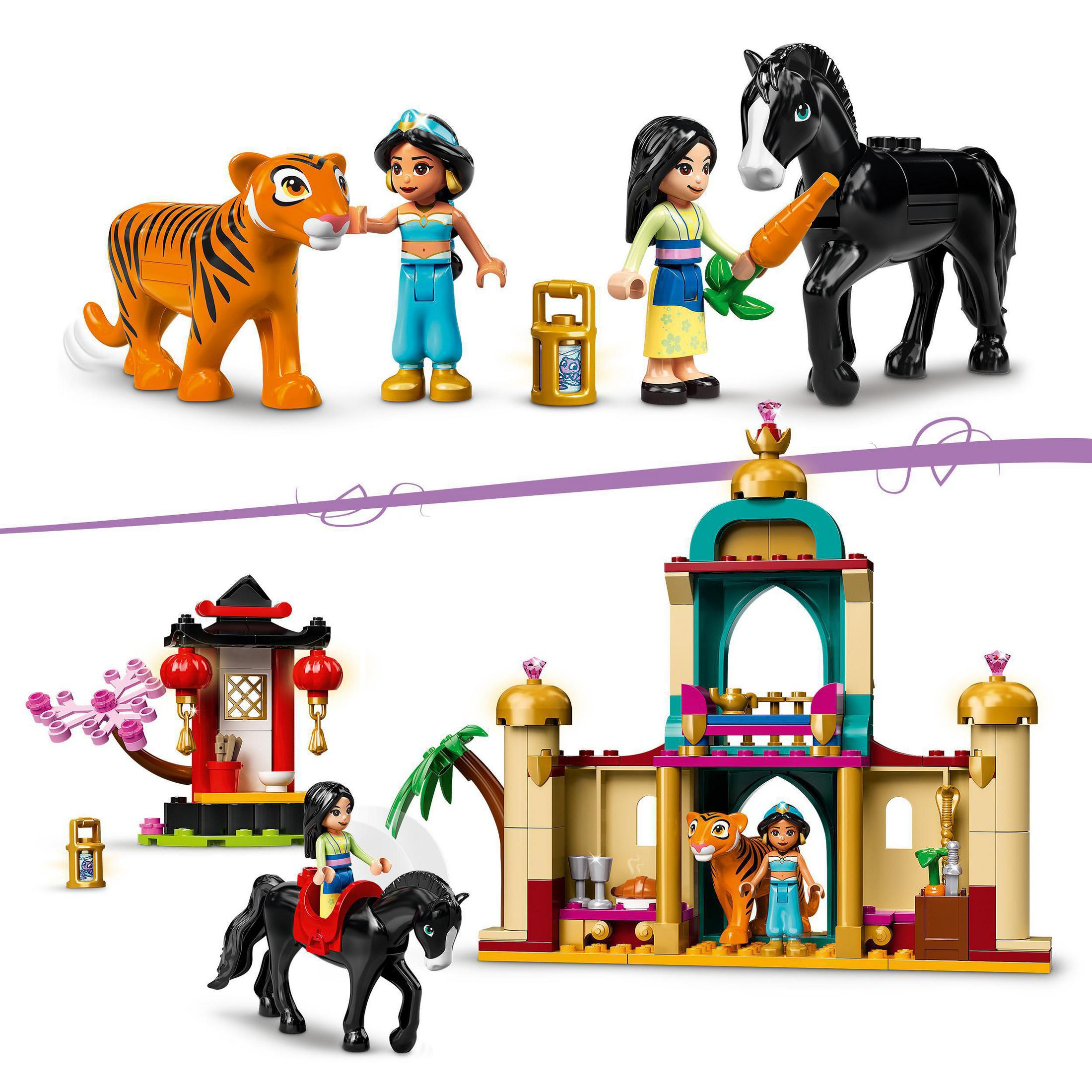 Set LEGO con personaggi di Aladdin e scena del palazzo, personaggi e una tigre. Colorato.