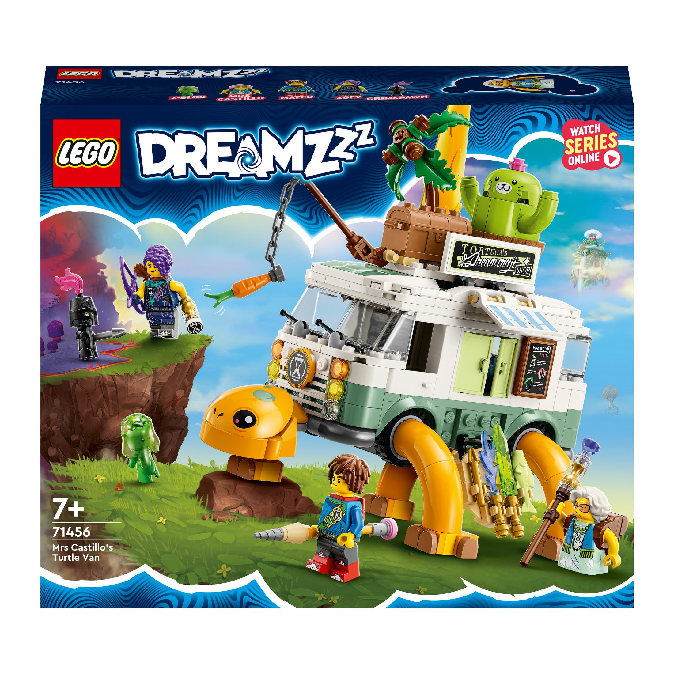 Lego Dreamzzz Set eines Schildkröten-Vans mit Figuren. Bunte Figuren in einer verspielten Szene.