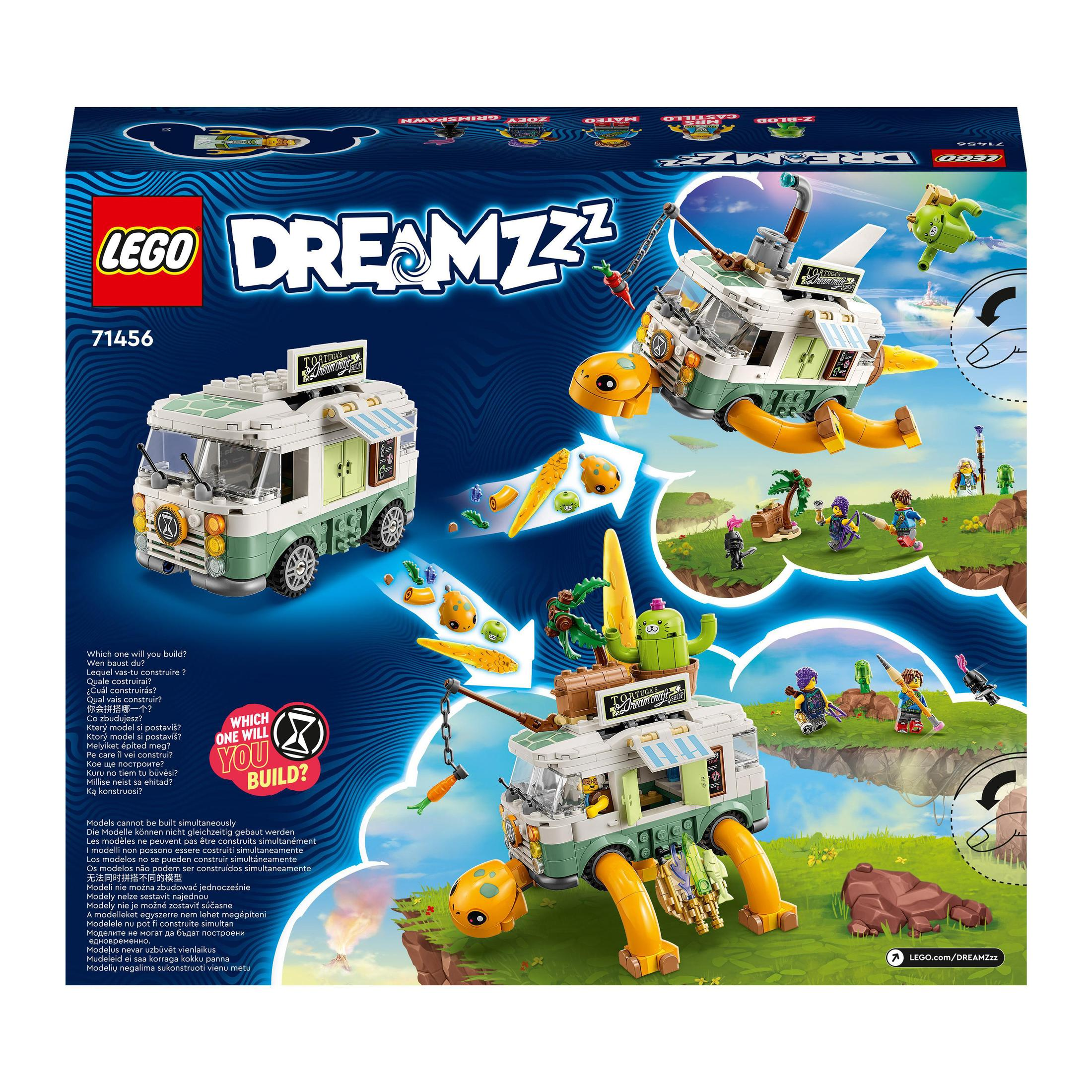 Lego Dreamzzz Box-Art mit einem schildkrötenförmigen Fahrzeug und einem Foodtruck mit Minifiguren.