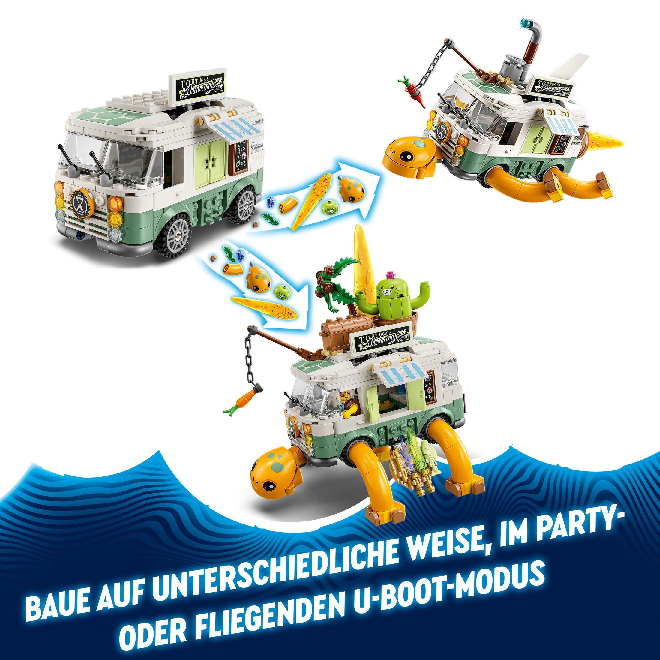 Lego-Set eines schildkrötenförmigen Fahrzeugs, das sich in einen Food-Truck und ein Flugzeug verwandelt.