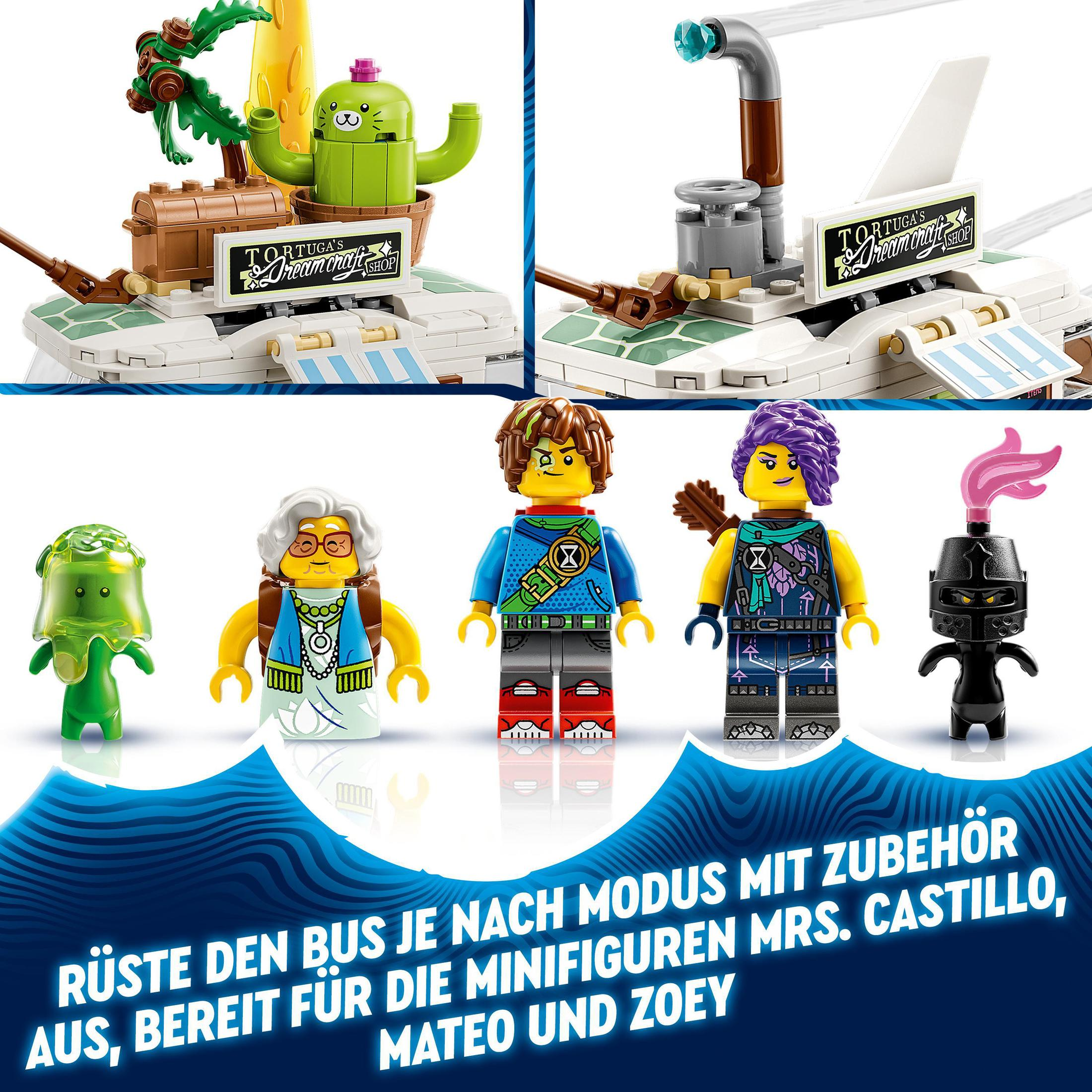 Lego-Figuren von Personen und einem Kaktus. Es gibt ein Boot, und ein Schild sagt 'Tortugas Dream Magic Shop'.