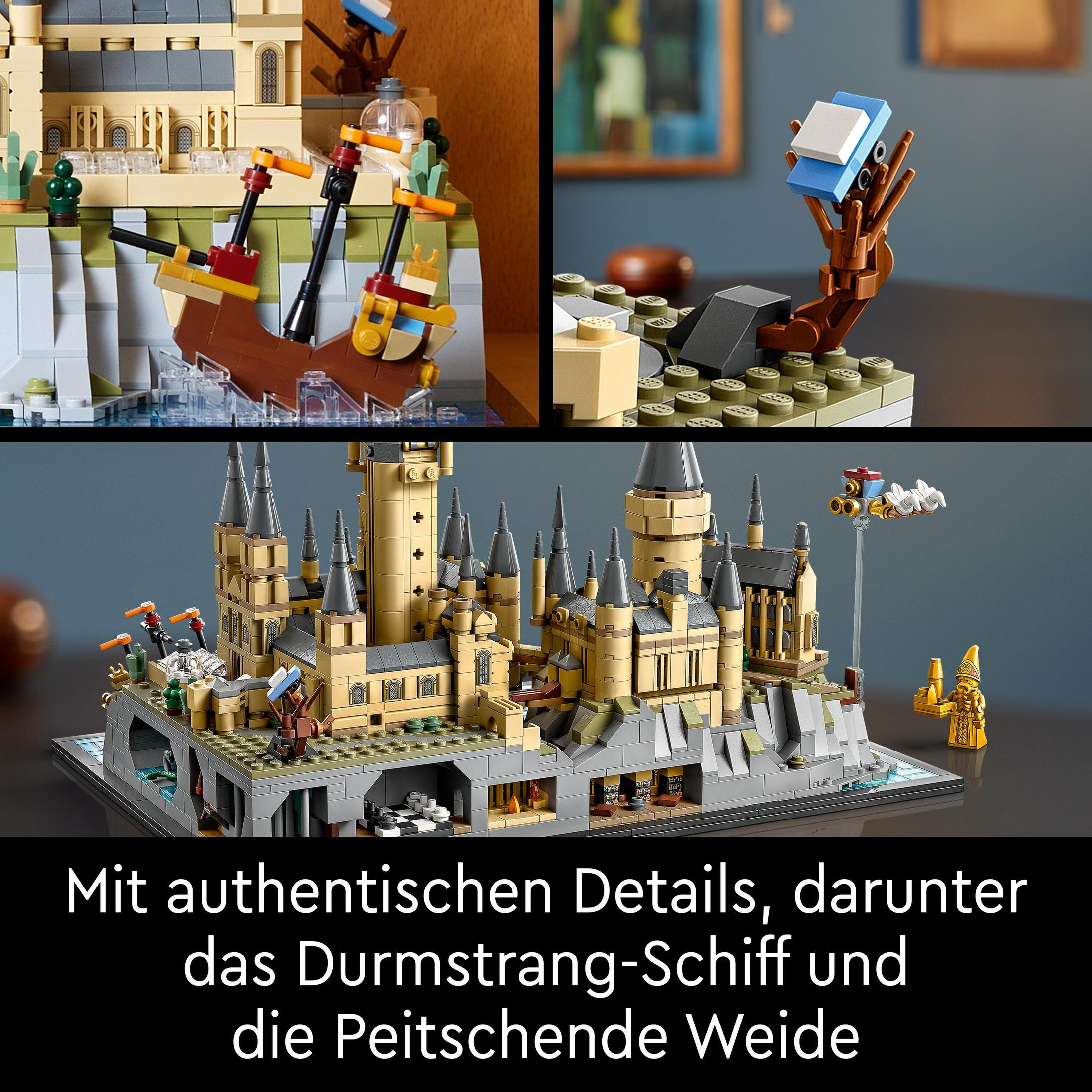 Zestaw LEGO Harry Potter z zamkiem Hogwart, statkiem i innymi szczegółami. Ciemne tło. Tekst na dole.