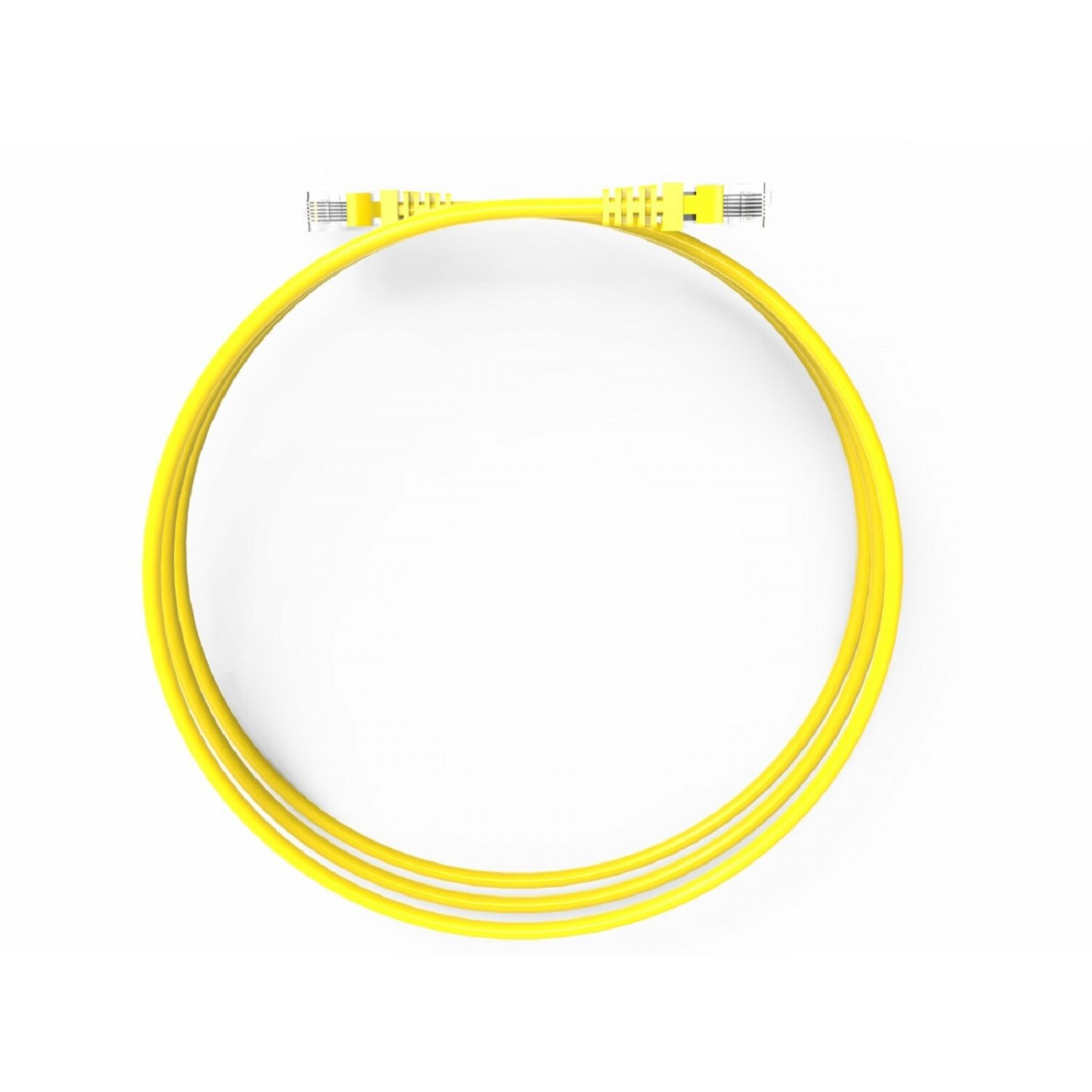 Gelbes Ethernet-Kabel in Kreisform auf weißem Hintergrund.