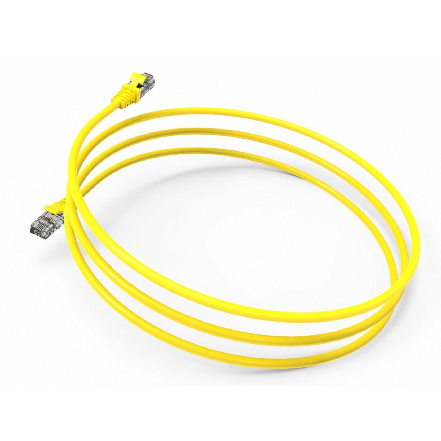 Ein aufgerolltes gelbes Ethernet-Kabel auf weißem Hintergrund, mit Anschlüssen an jedem Ende.