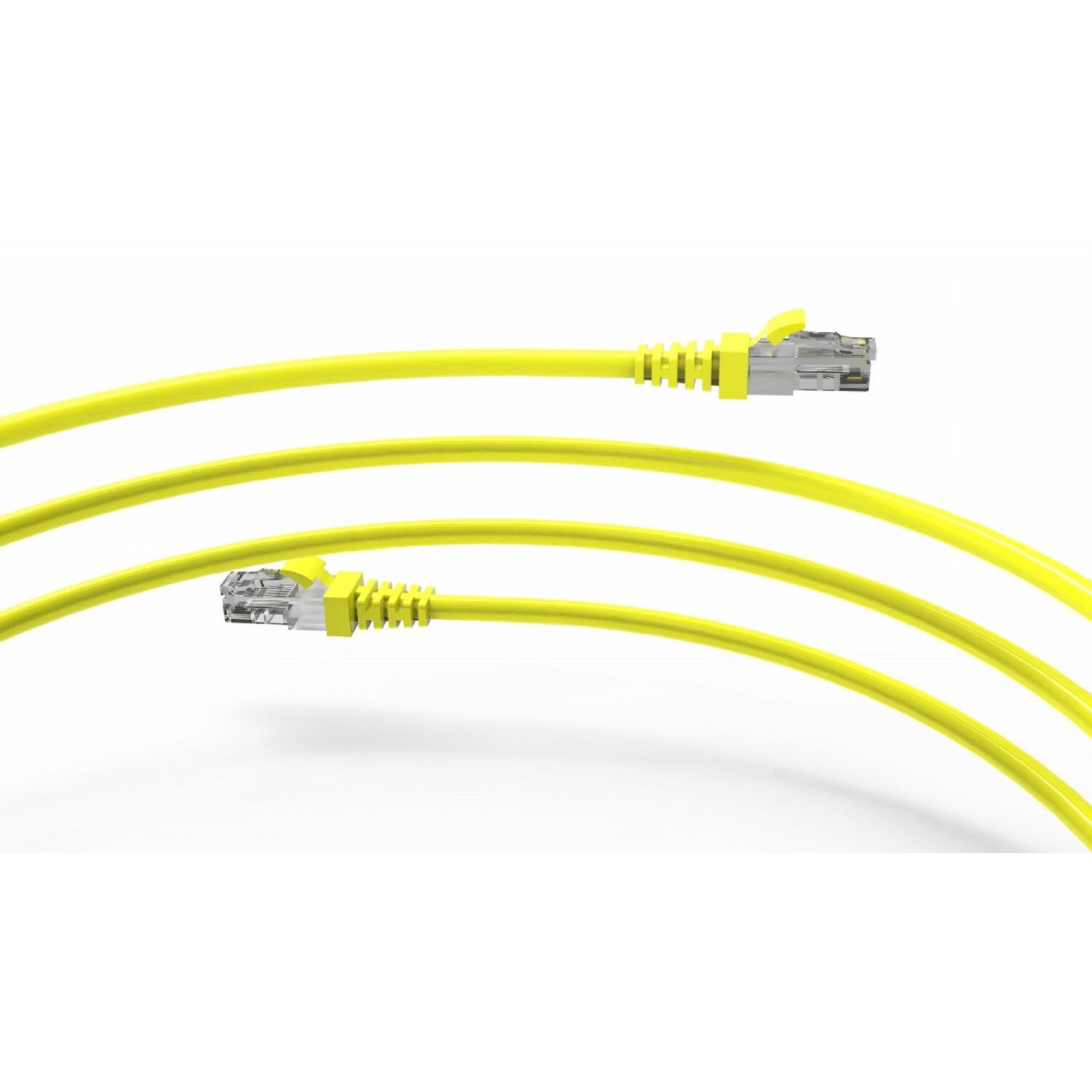 Drei gelbe Ethernet-Kabel mit RJ45-Steckern auf weißem Hintergrund. Die Stecker sind silberfarben.