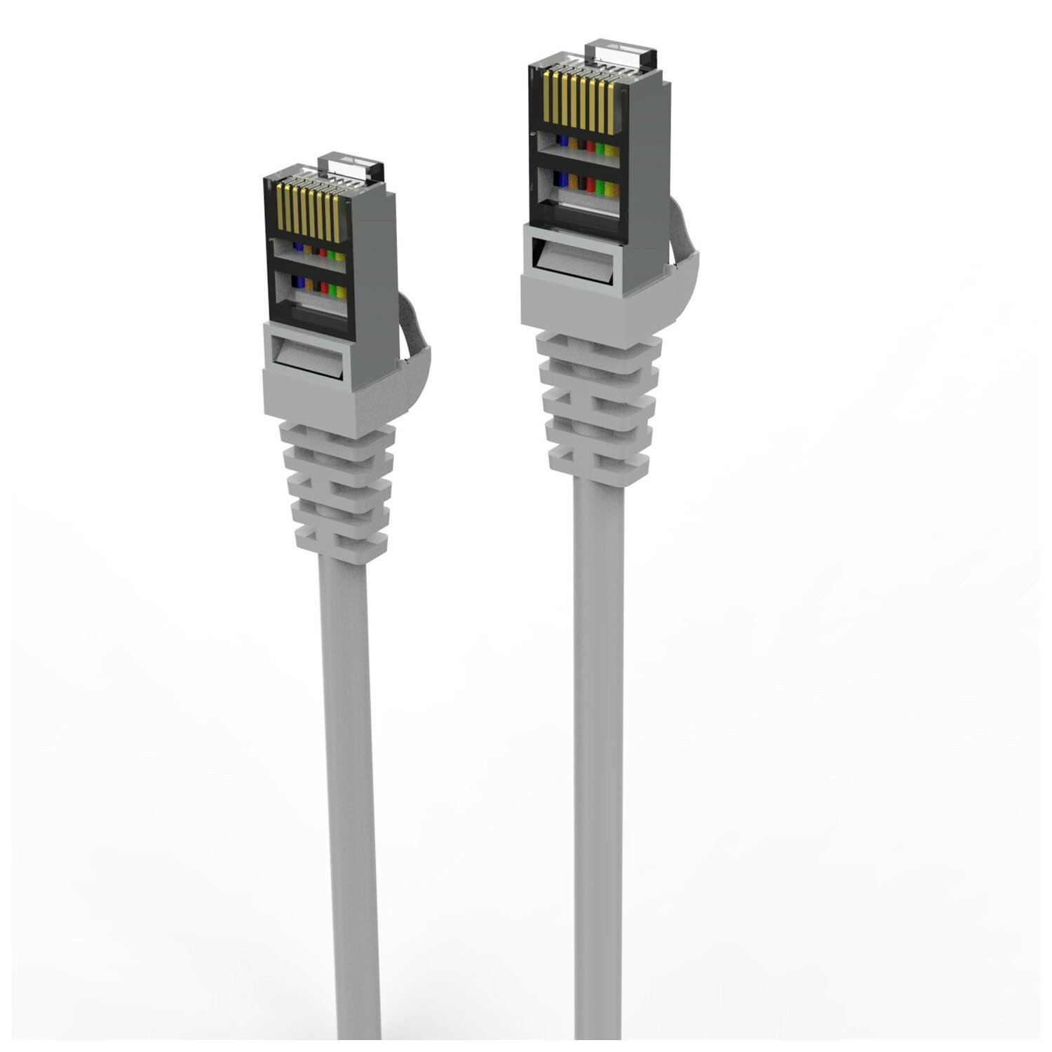 Zwei graue Ethernet-Kabel mit Anschlüssen vor weißem Hintergrund.