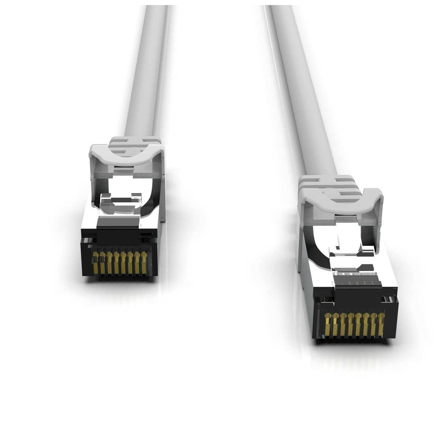 Zwei Ethernet-Kabel. Sie haben grauen Kunststoff und silberne Anschlüsse.