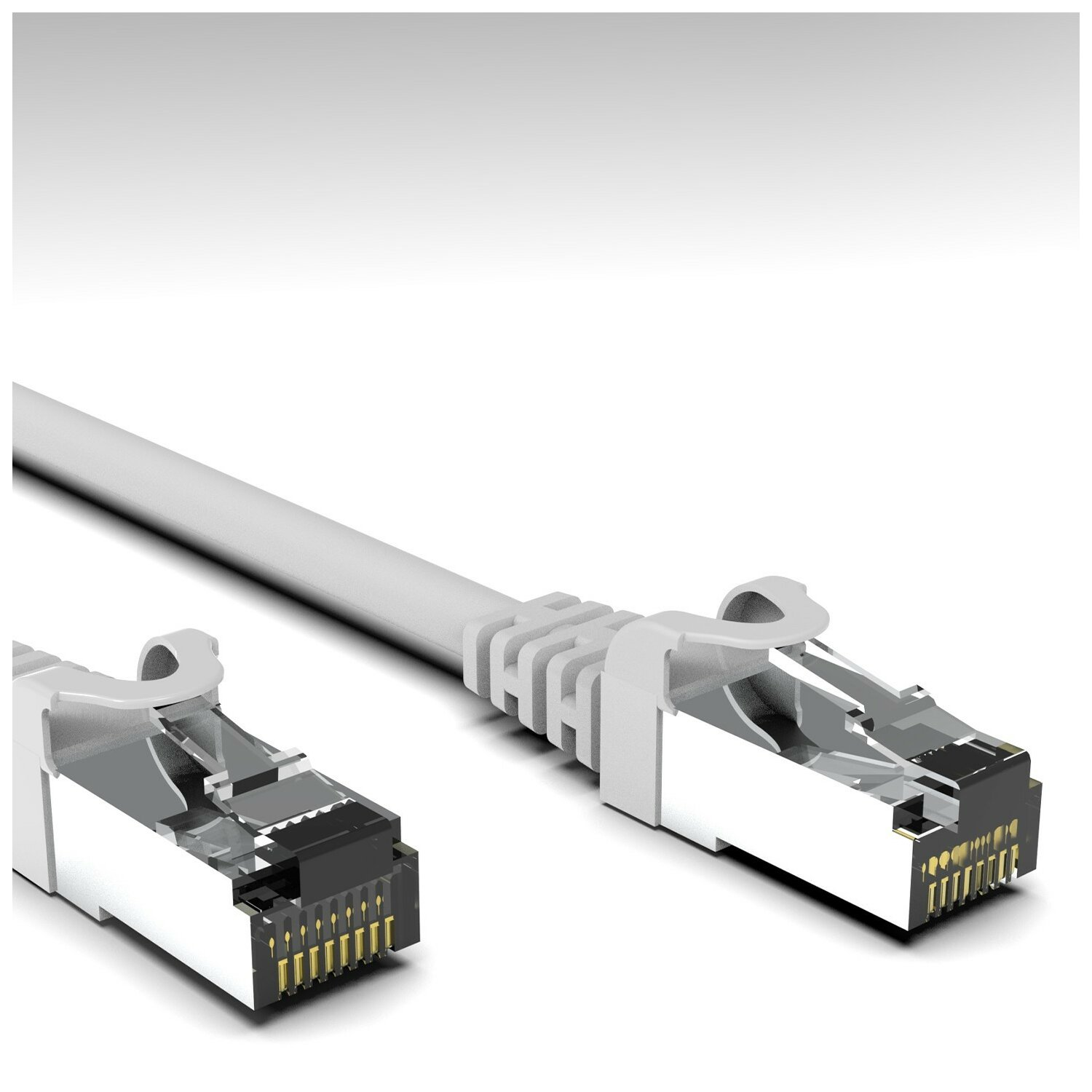 Nahaufnahme eines grauen Ethernet-Kabels mit Steckern. Die Stecker sind angeschnitten.