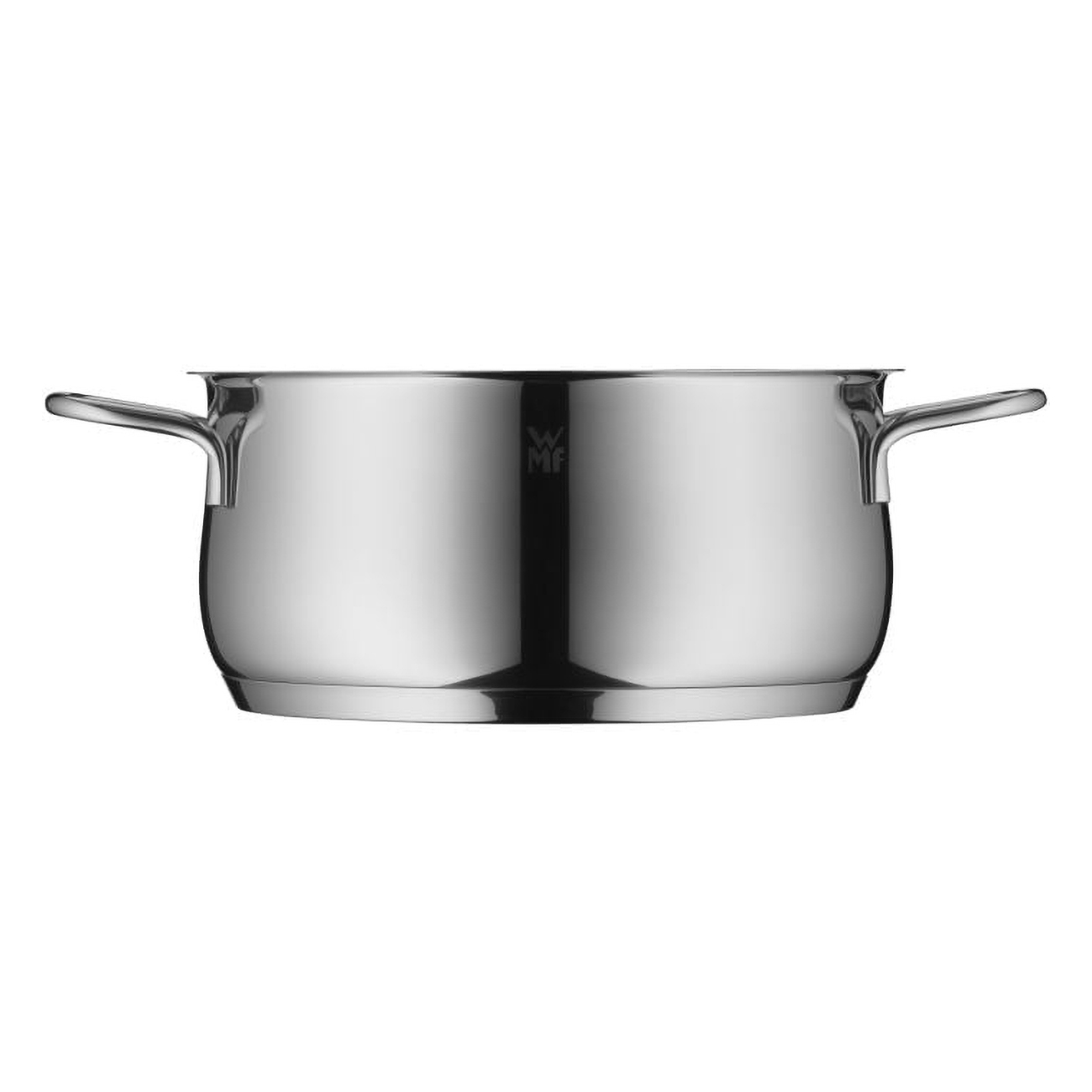 Błyszczący garnek ze stali nierdzewnej z dwoma uchwytami.