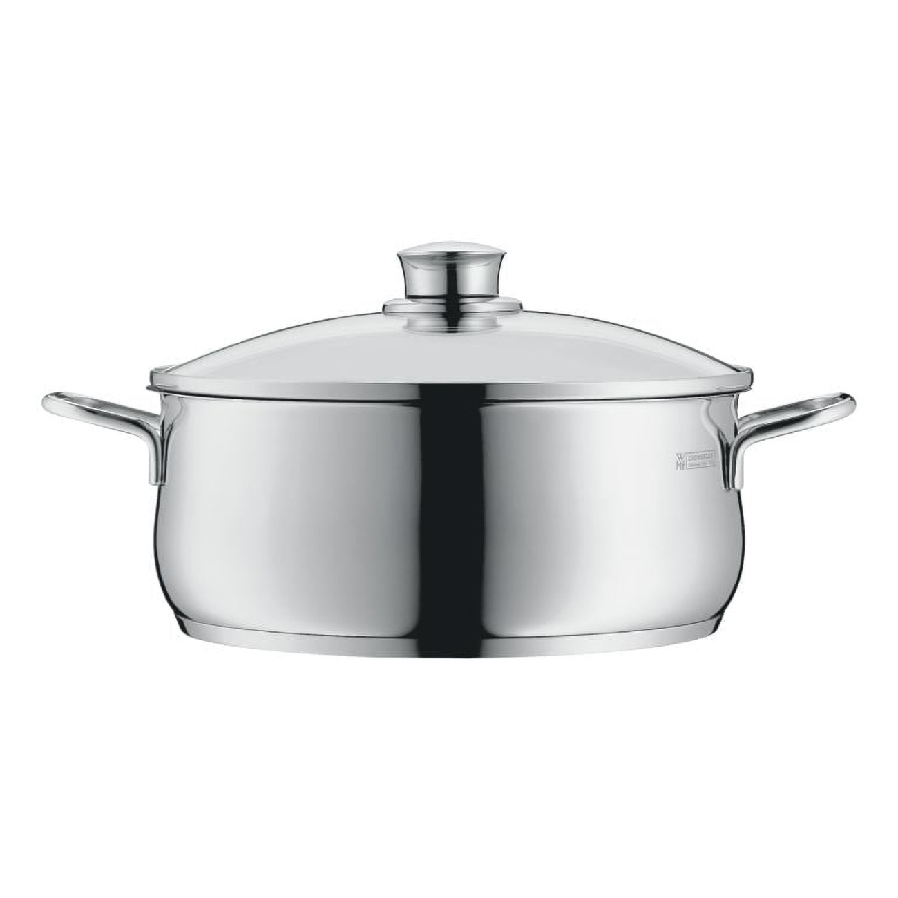 Garnek ze stali nierdzewnej ze szklaną pokrywką i uchwytami bocznymi.