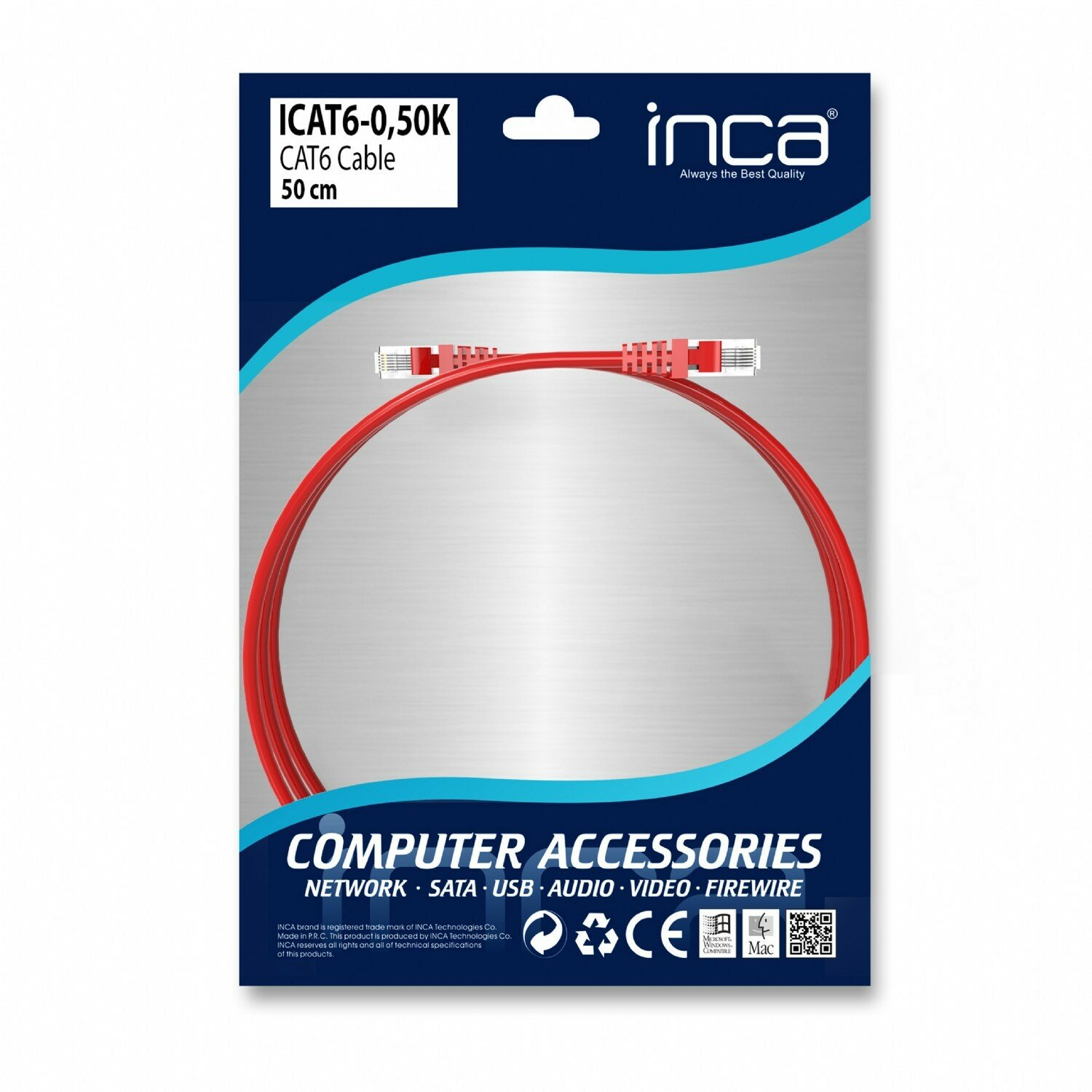 Rotes Netzwerkkabel in einer Verpackung. Weißer Text auf der Verpackung. Inca-Markenlogo.