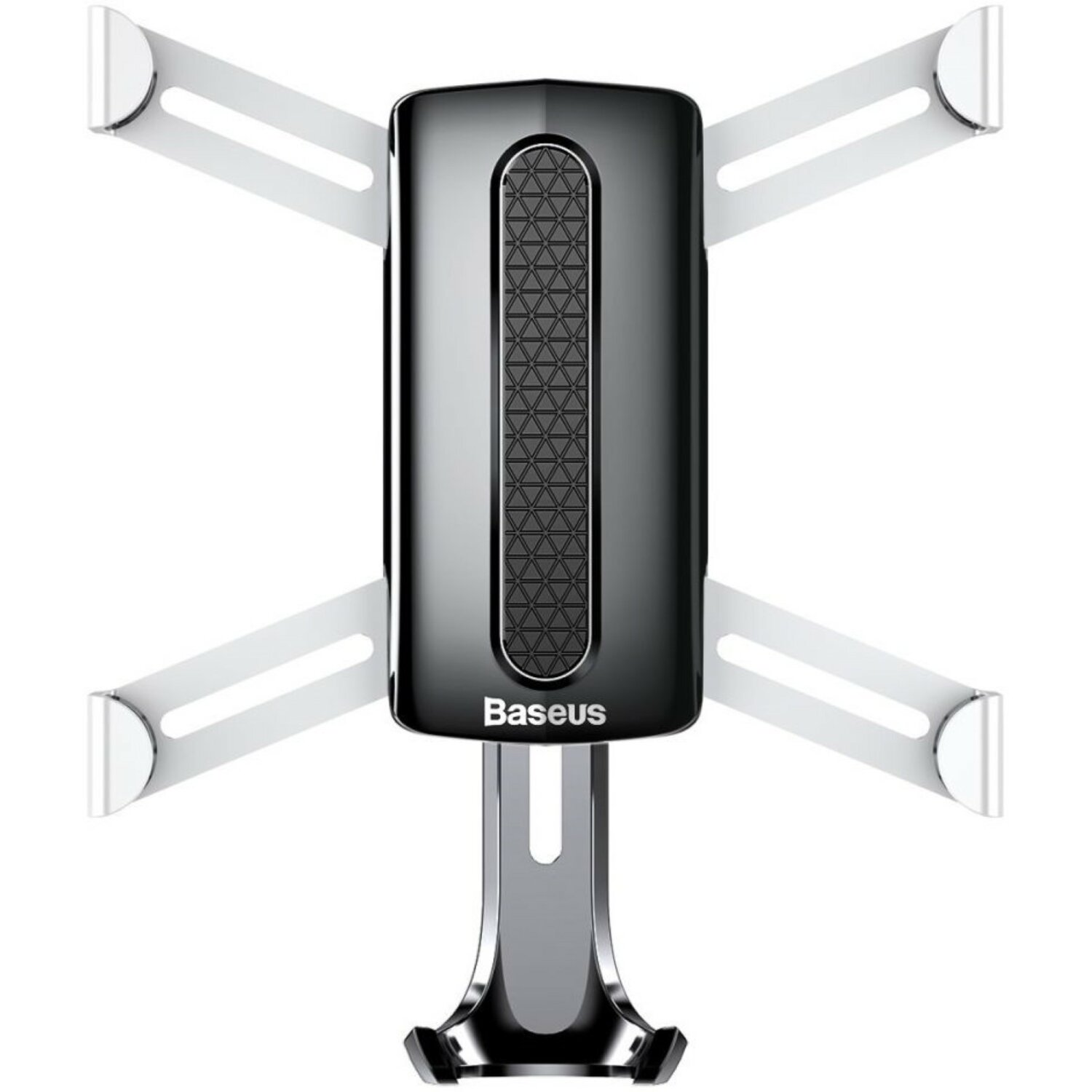 Ein schwarzer und silberner Baseus-Autotelefonhalter mit vier weißen Armen.