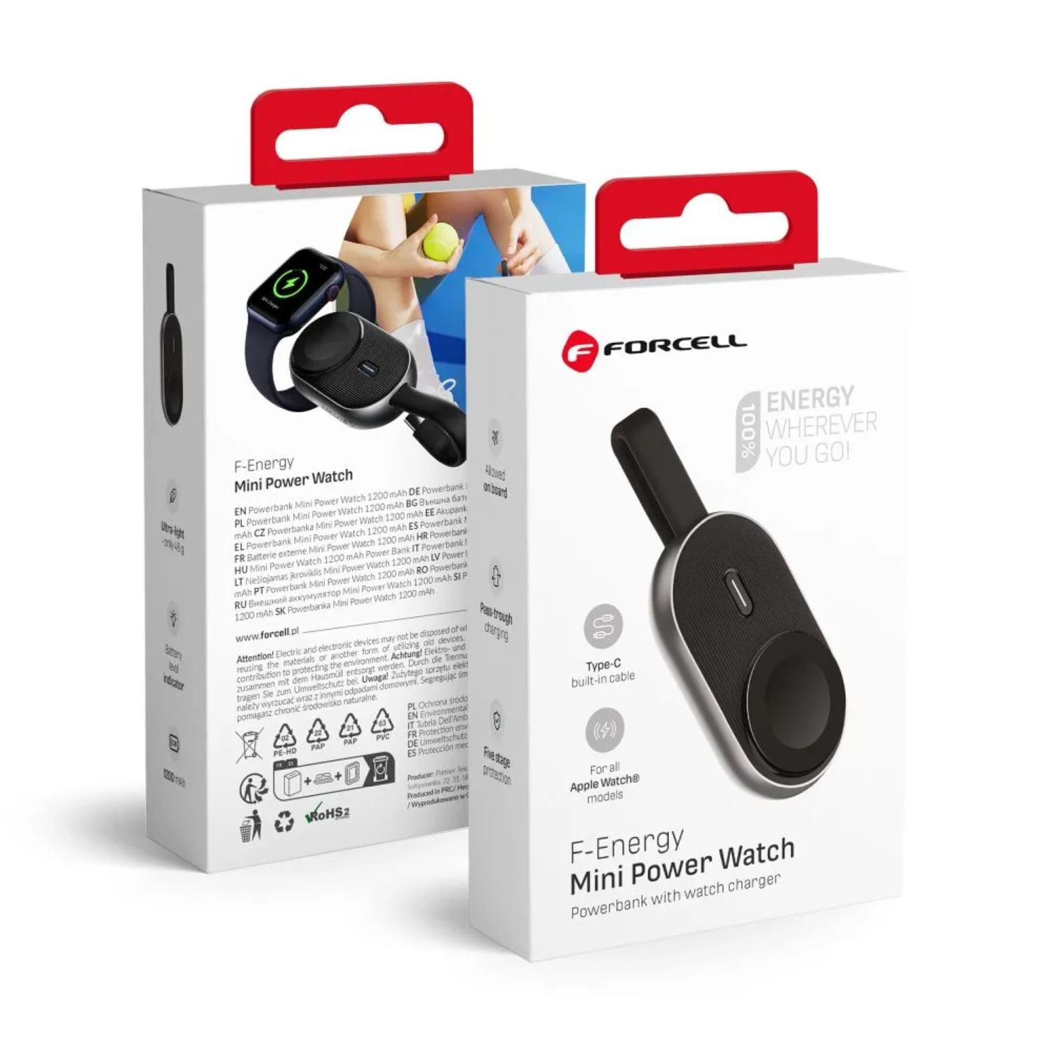 Zwei Schachteln einer Mini-Power-Uhr. Die linke ist offen und zeigt eine Smartwatch und das Ladegerät.