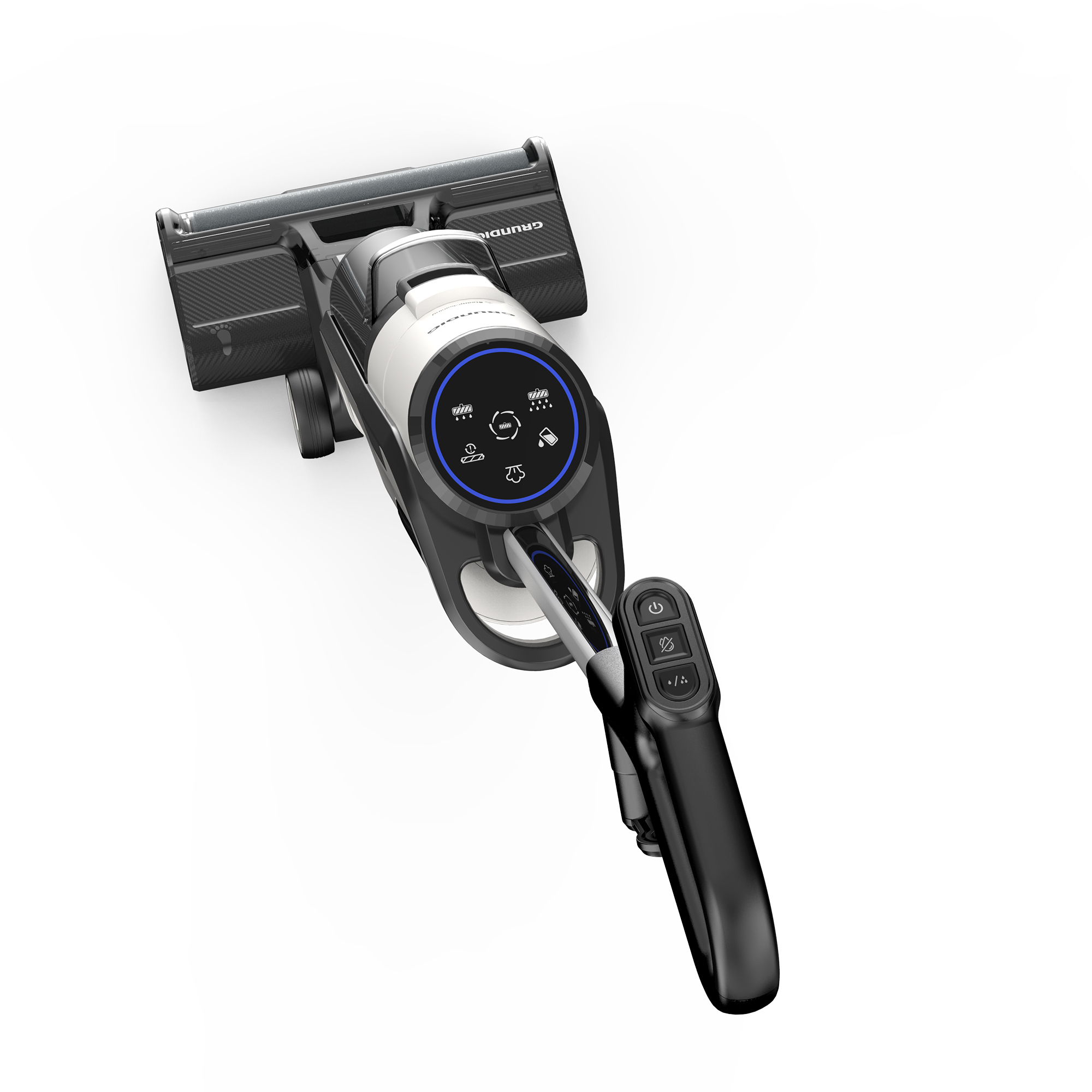 Czarny odkurzacz bezprzewodowy. Pokazuje uchwyt i elementy sterujące na białym tle.